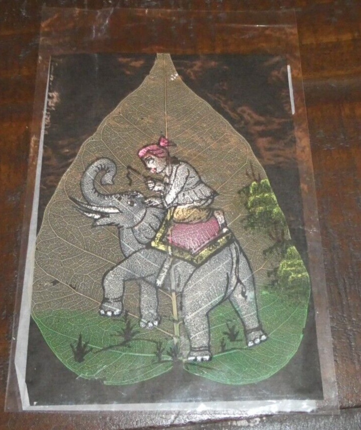 Indian Man riding Elephant Figure Leaf Painting Art Handmade Decorative! Sealed!