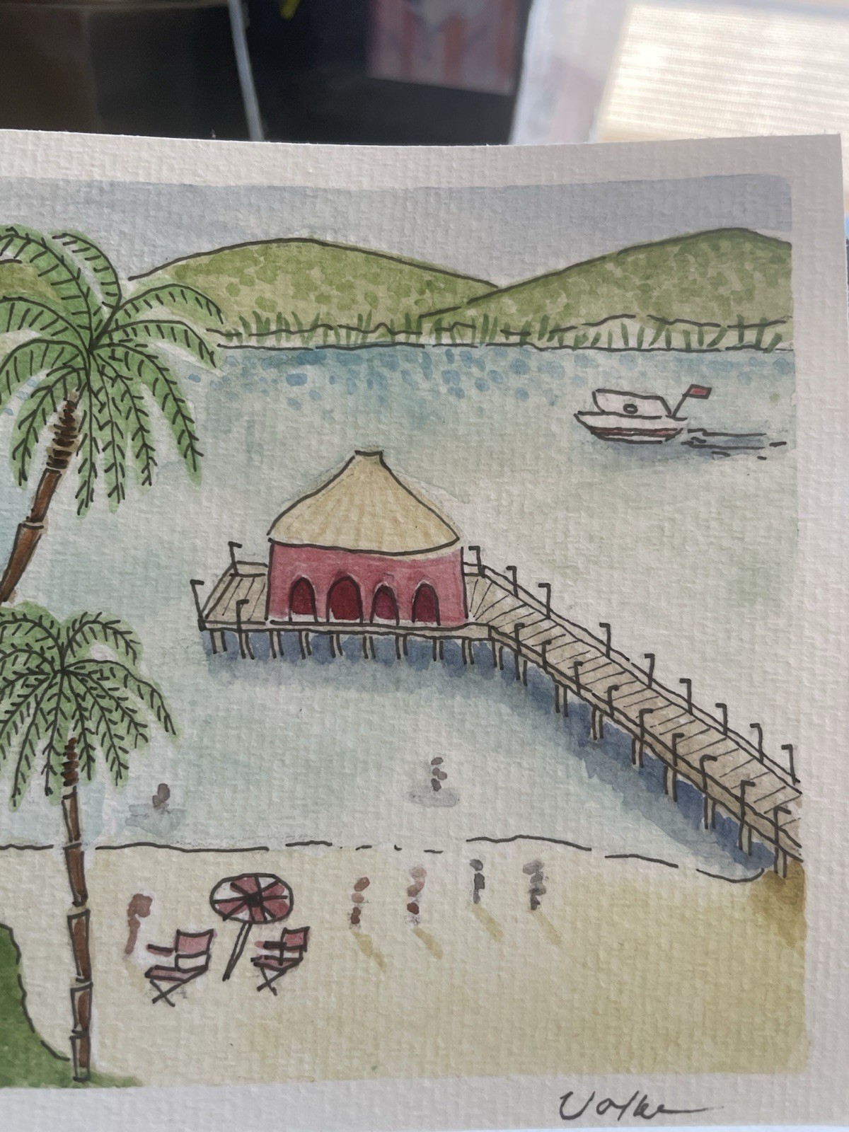 OOAK Ocean Beach Pier Tropical Island Landscape Watercolor Painting Coastal Core