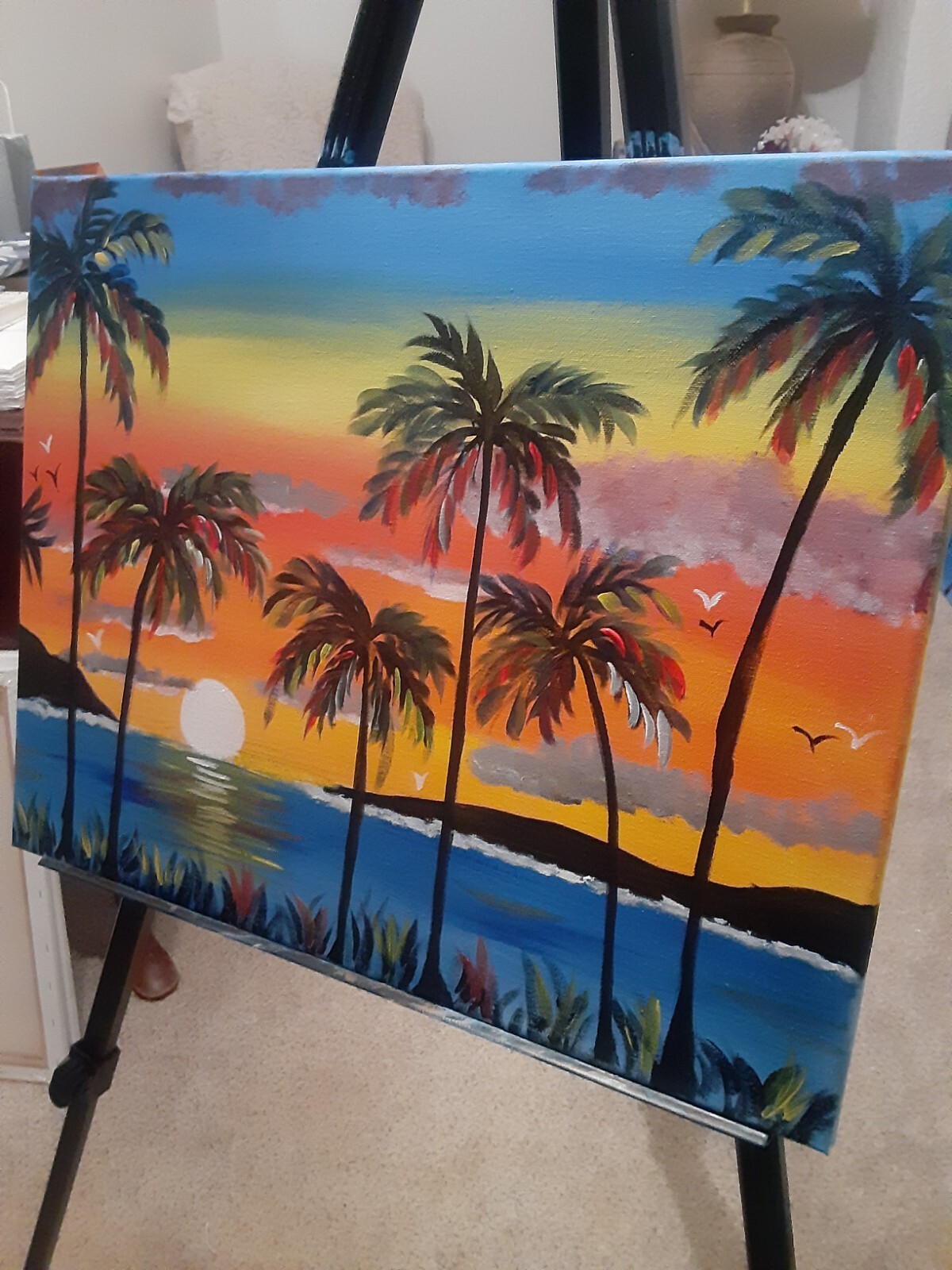 Valerie’s Dream – Palm Trees, Sunset, Ocean, Original Oil Painting, Wall Art