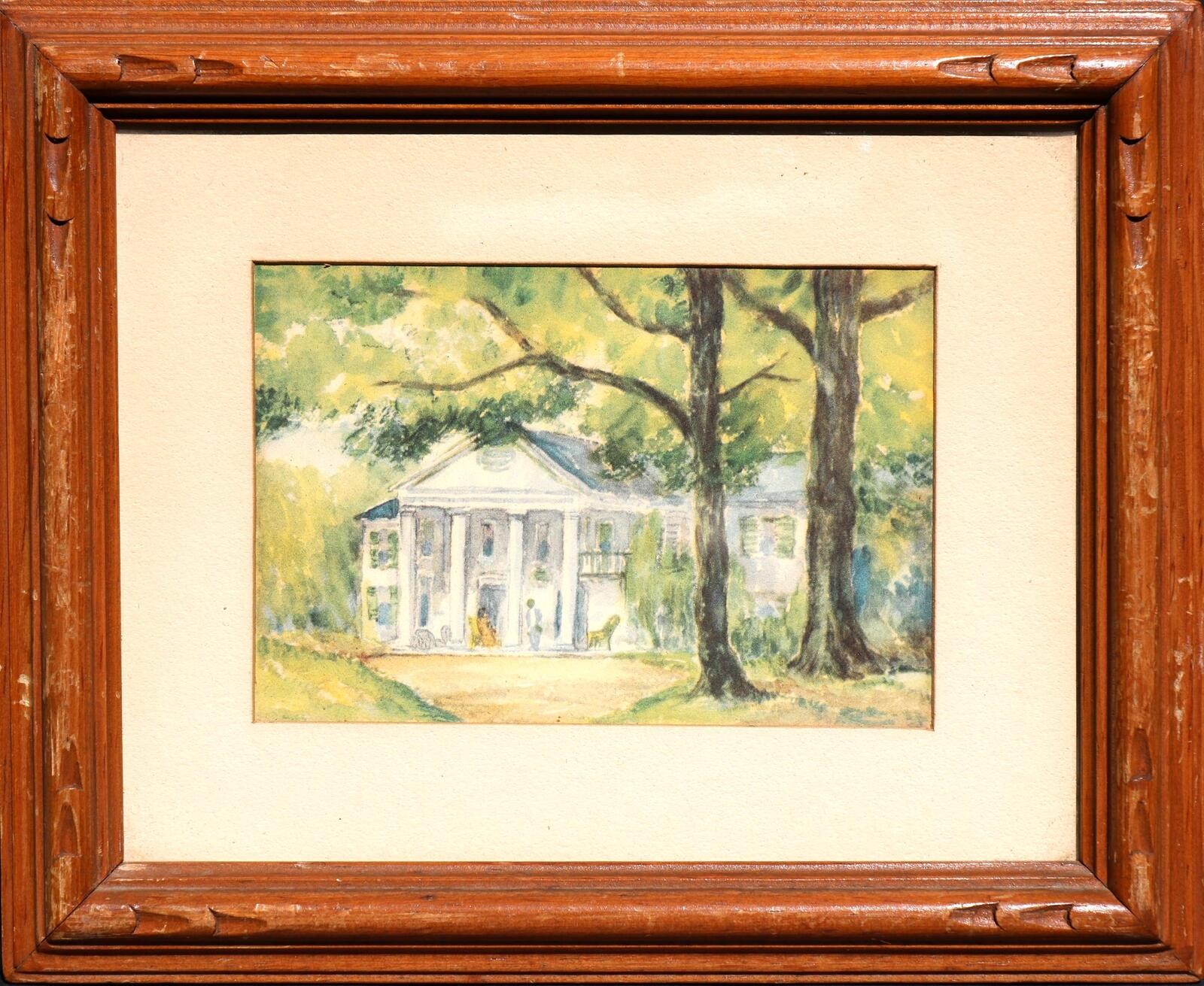 White house, palace , trees, lithography of original watercolor painting 9×11
