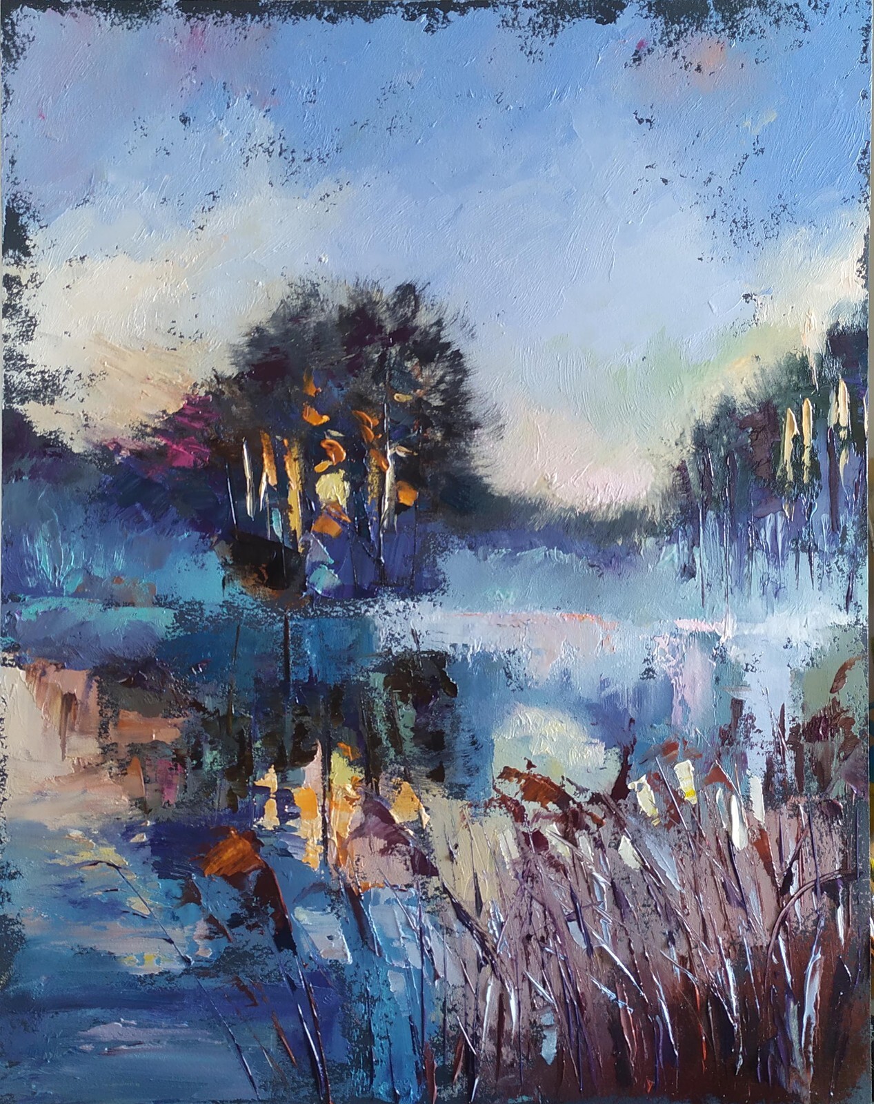 oil painting on panel hand made art with foggy landscape near the river