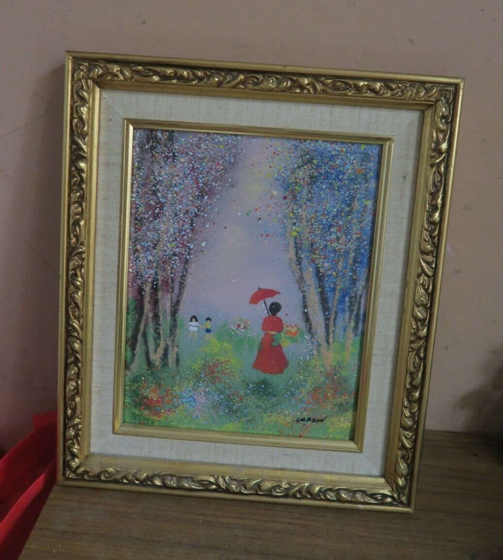 Enamel on Copper Art Painting Children Lady Parasol Signed Cardin 8″x10″ Framed