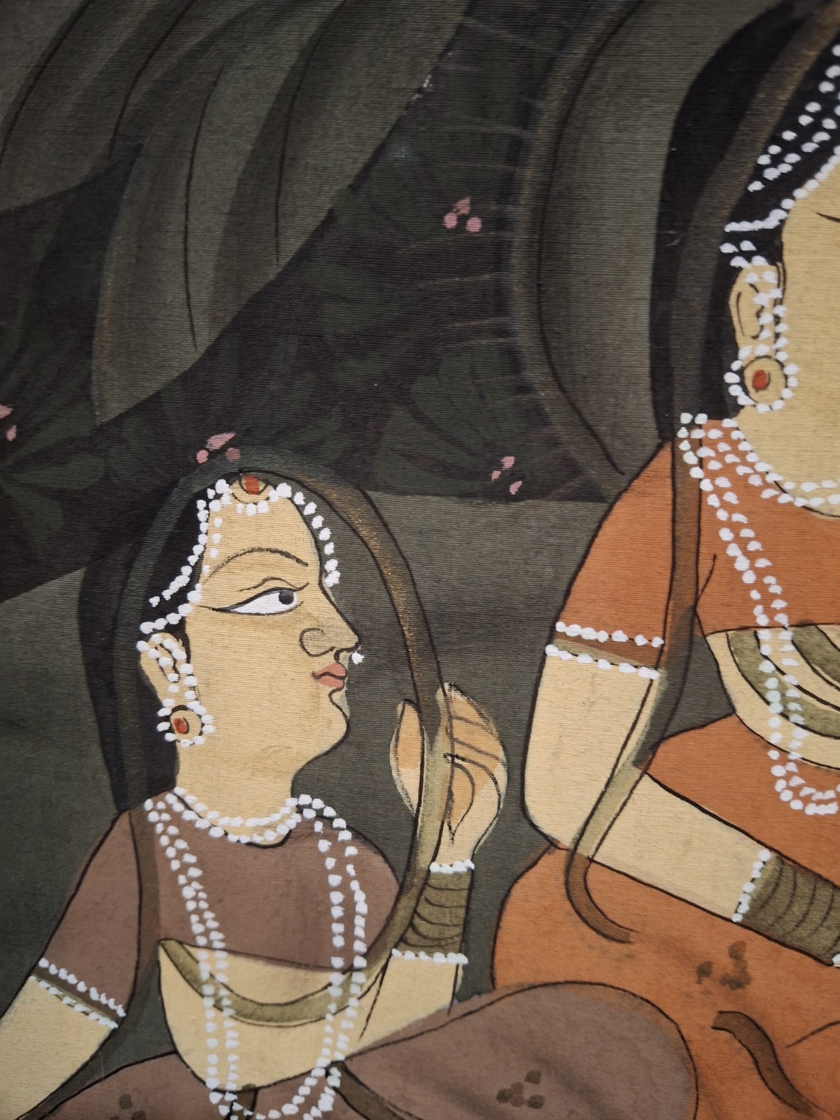 Vintage Indian Painting 24×24 On Cloth | Romantic Courtyard Scene | Mughal