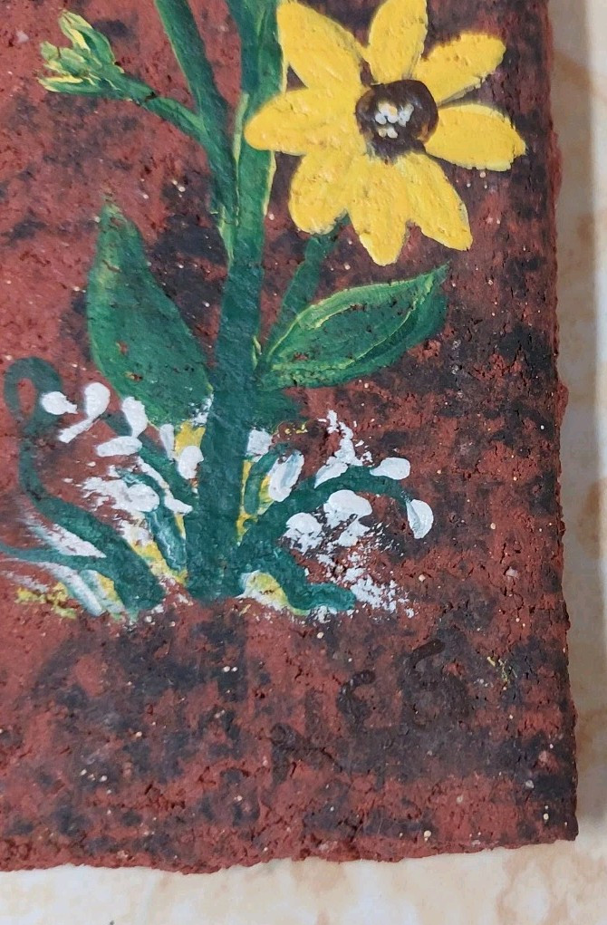 Vtg Hand Painted Sunflowers 8×2.5” On Brick Veneer Signed NES Farm House Style