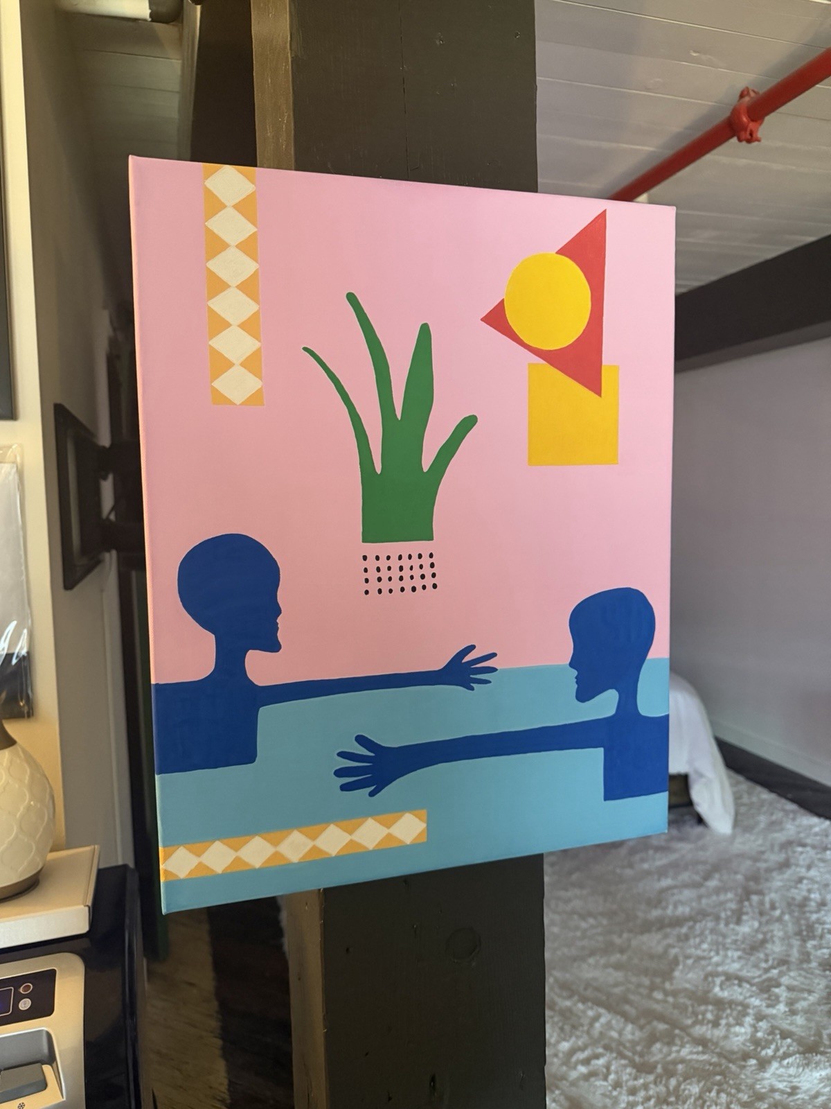 Abstract Modern Figures Acrylic Painting Canvas – Pink Blue Green Yellow 16×20