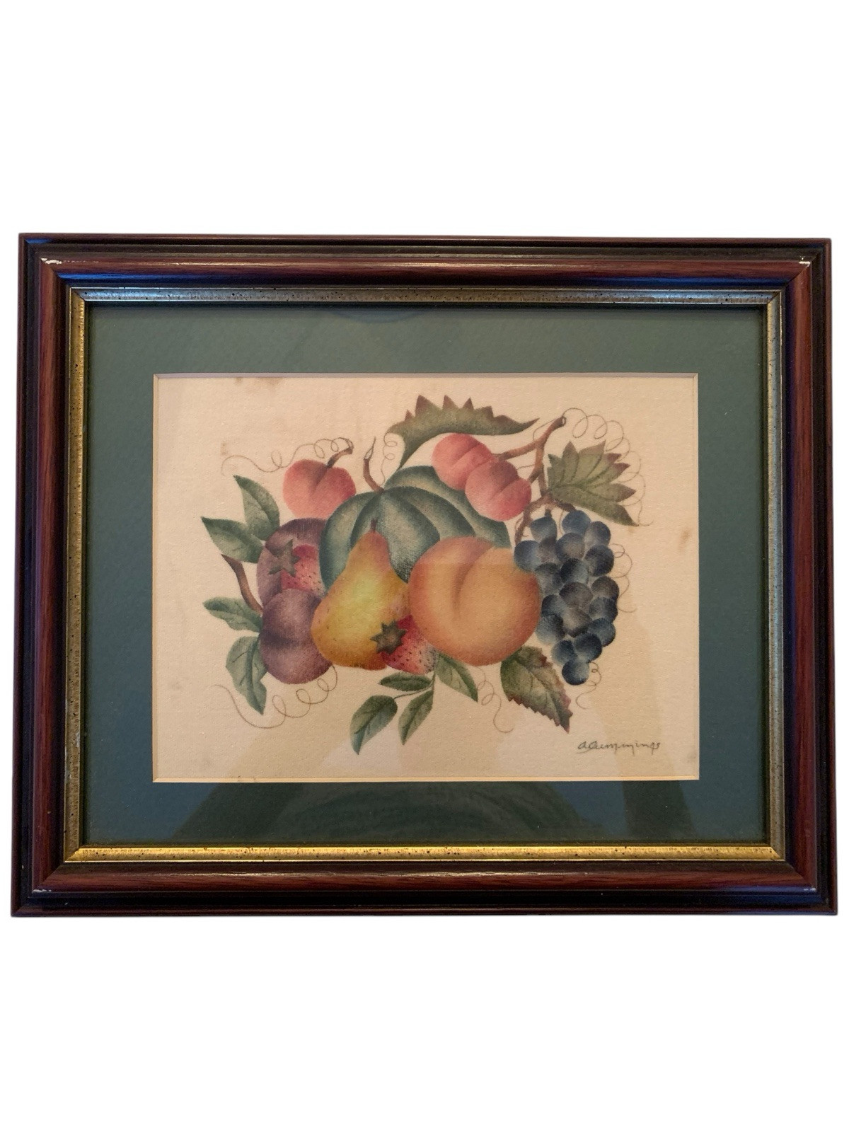 Folk Art Theorem Painting of Fruit Still Life on Cotton Velvet, Matted & Framed