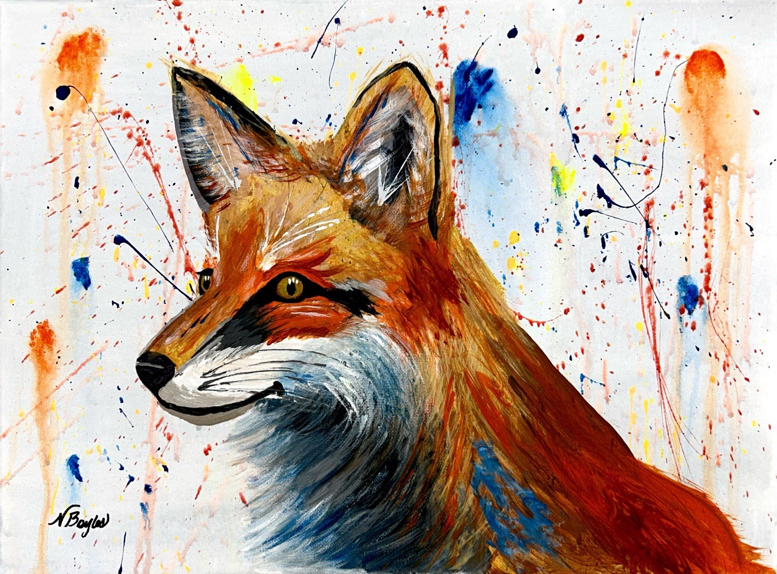 Original Signed 9×12 Expressionist Fox Animal Acrylic Canvas Art Warm Red Decor