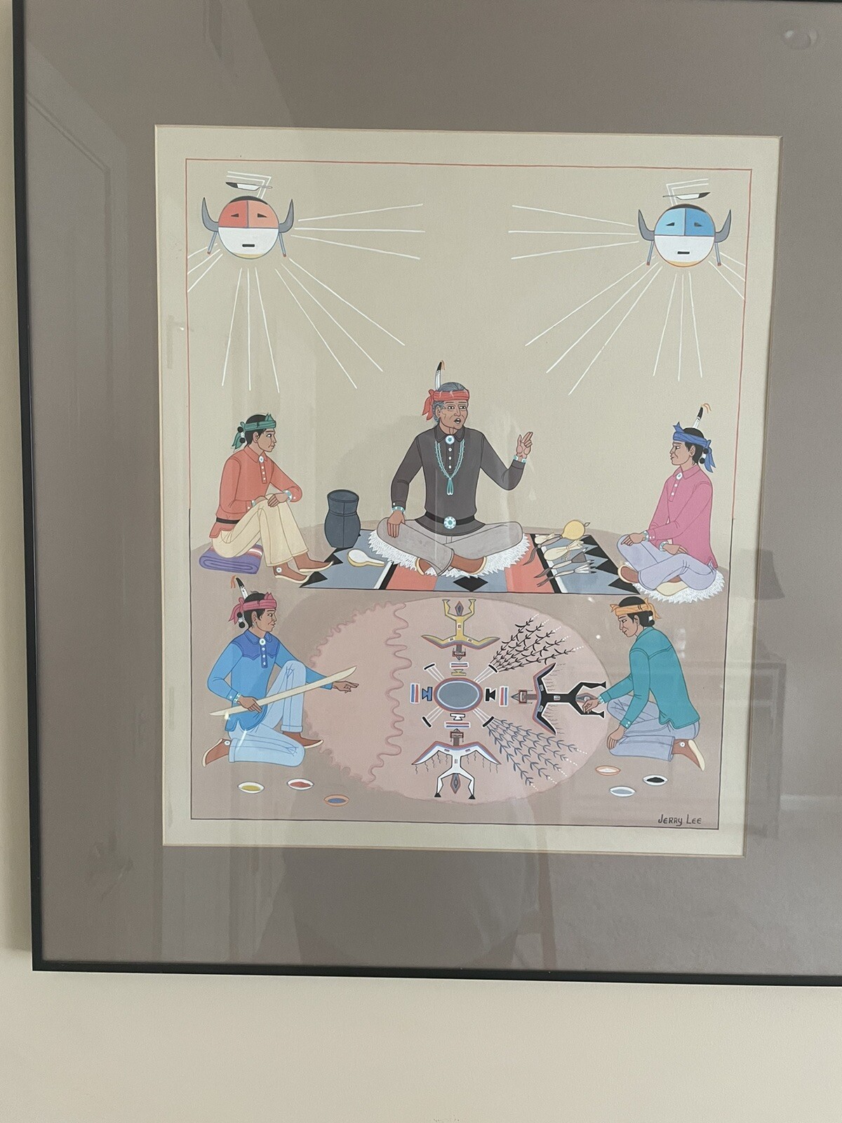 JERRY LEE – Navajo  «The Navajo Sand Painting» MATTED 23″ by 25″ in Frame