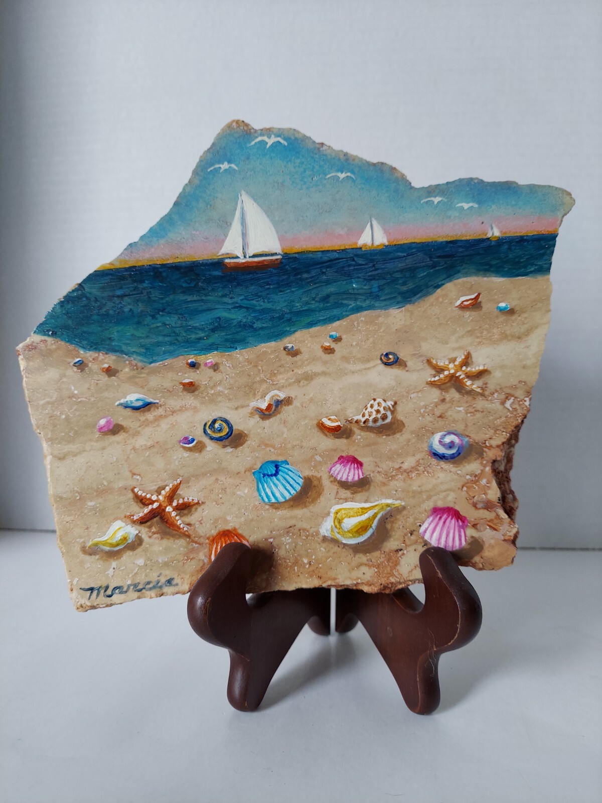 Marcia Abramsohn, Oil On Verdi Marble, Signed Beach Scene With Sailboats