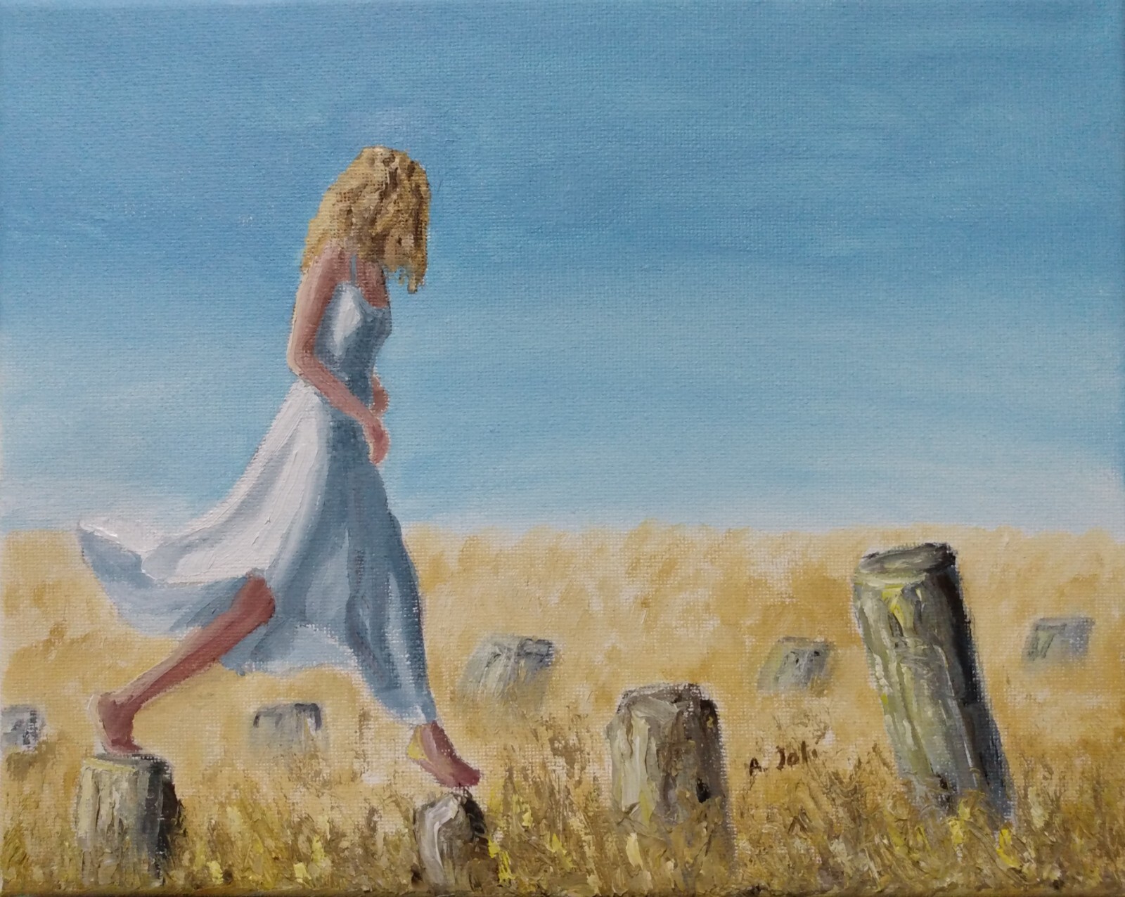 Oil Painting Woman Girl Fence Posts Prairie Farm Landscape Figure Art A. Joli