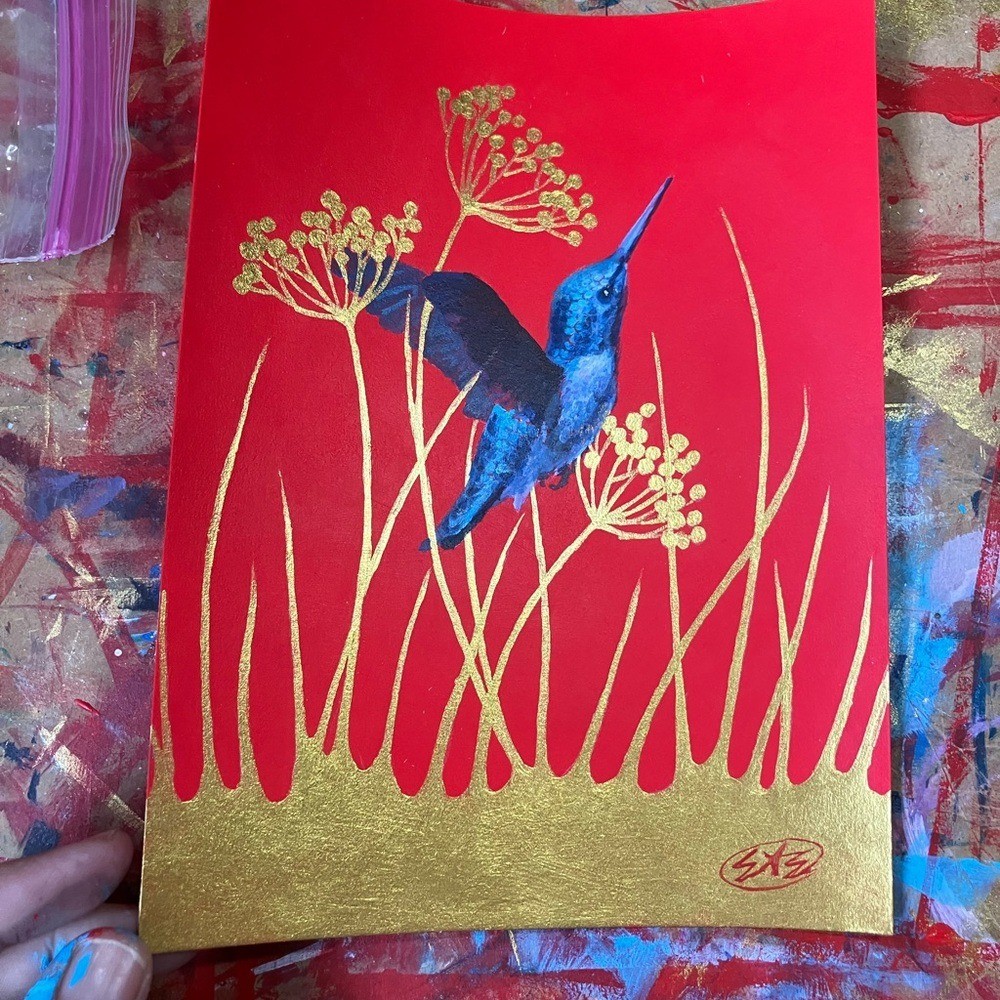 Original Blue Hummingbird painting gold red bird art nature luxury By Artist USA