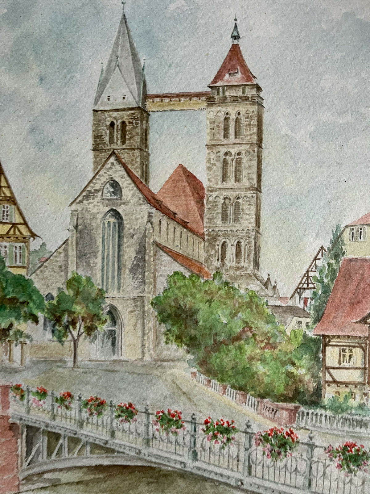 Watercolor Sign.Barth Date 1981 Esslingen Bridge with Church and Flower Details