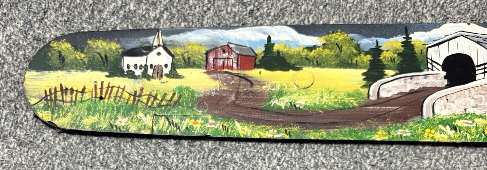 Painted Chainsaw Bar – Church/Covered Bridge/Water Mill Scene Folk Art 22-1/2″