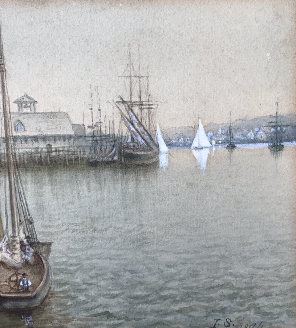 1894 New England Coastal Harbor Fishing Port Painting Boston Massachusetts Label