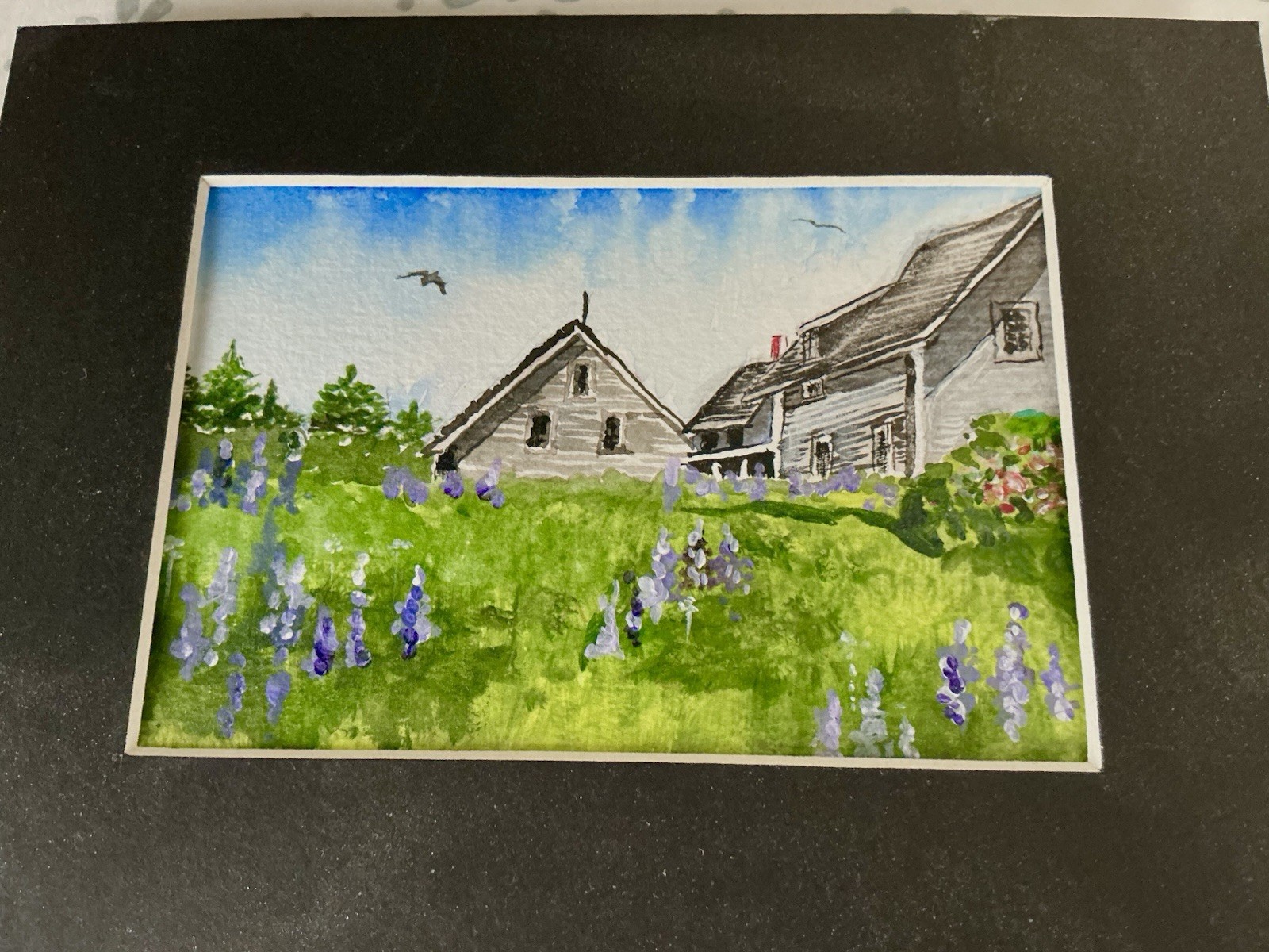 Maine Big House Little House Back House Barn Lupines Rosebush Watercolor 3”x 5”