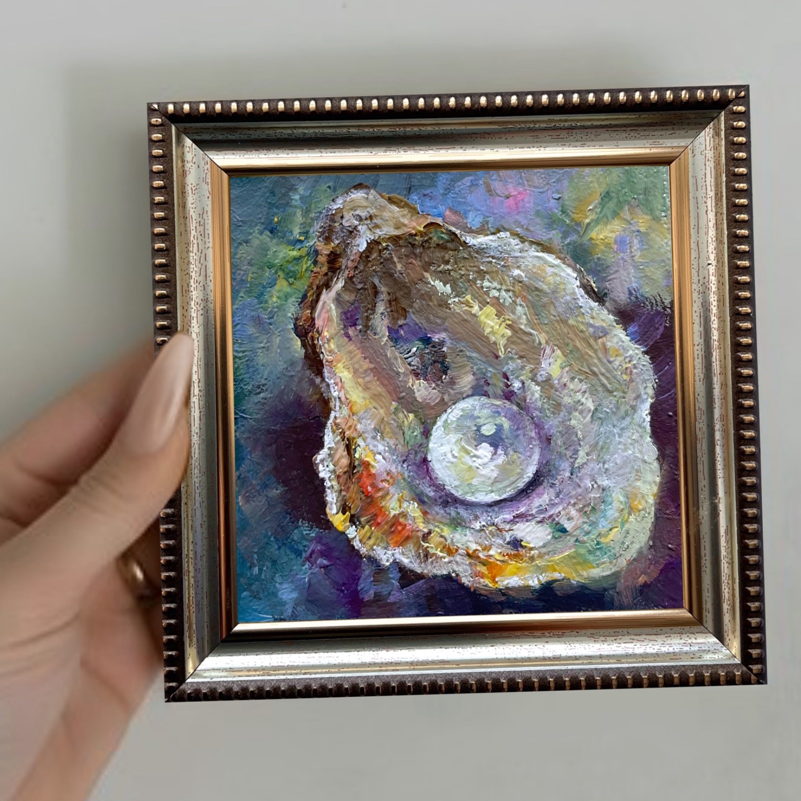 Original Oil Painting Shell Pearl Impasto Small Wall Art 4x4in Signed