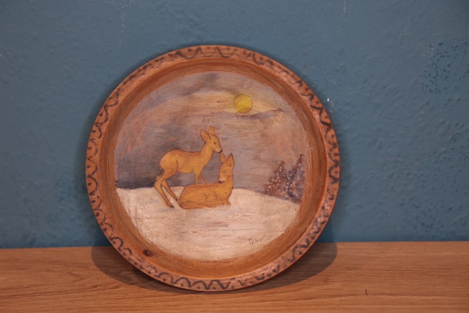 Deer in the Snow Wooden Plate Miniature Painting Acrylic? Signed * Original Unique RARE