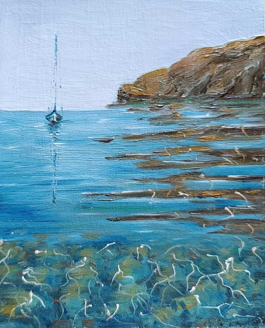 TEXTURED IMPASTO BOAT STONES MOUNTAINS Original Arts OIL Painting Seascape Gifts
