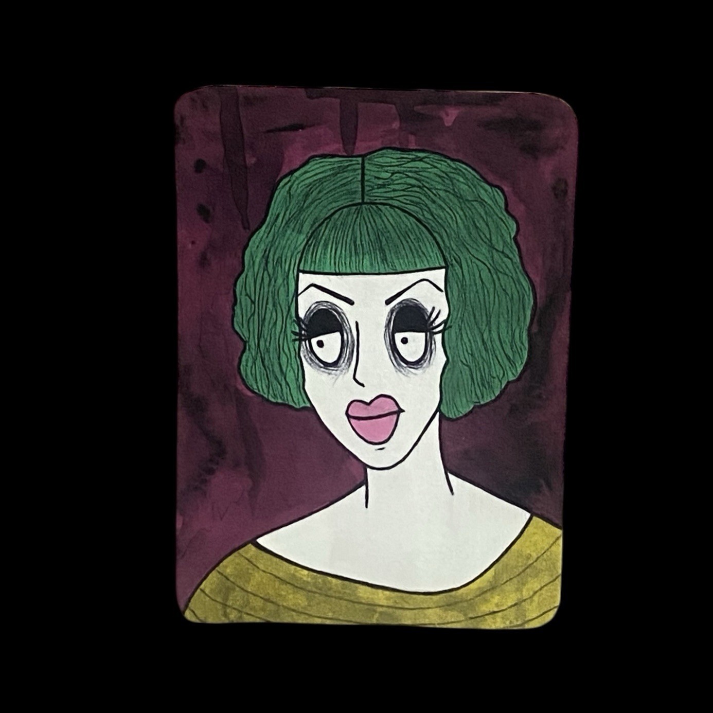 ACEO Mini Original Painting Green Hair Girl Small art Big Eyes Gothic Emo Woman
