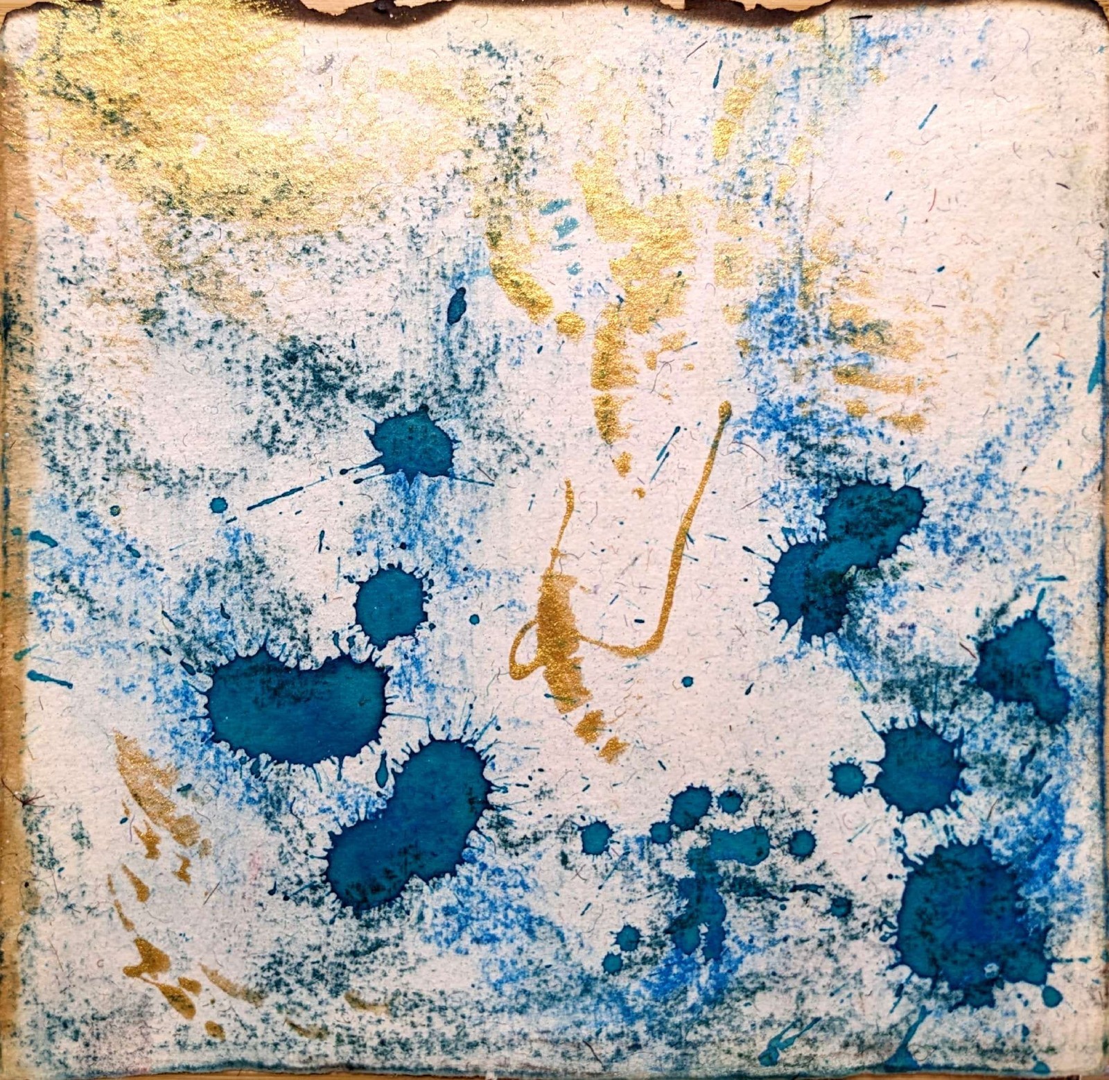 BirkeloART 7×7 Blue And Gold Abstract Handmade Paper Mixed Media Wall Art