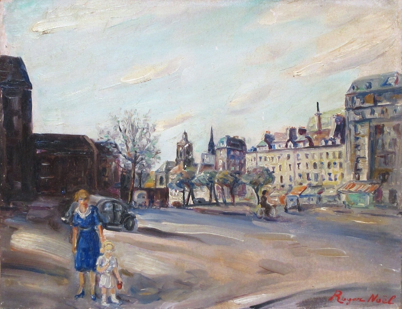 Vintage French Oil Painting Paris Street Scene Mother Child Saint-Laurent Church