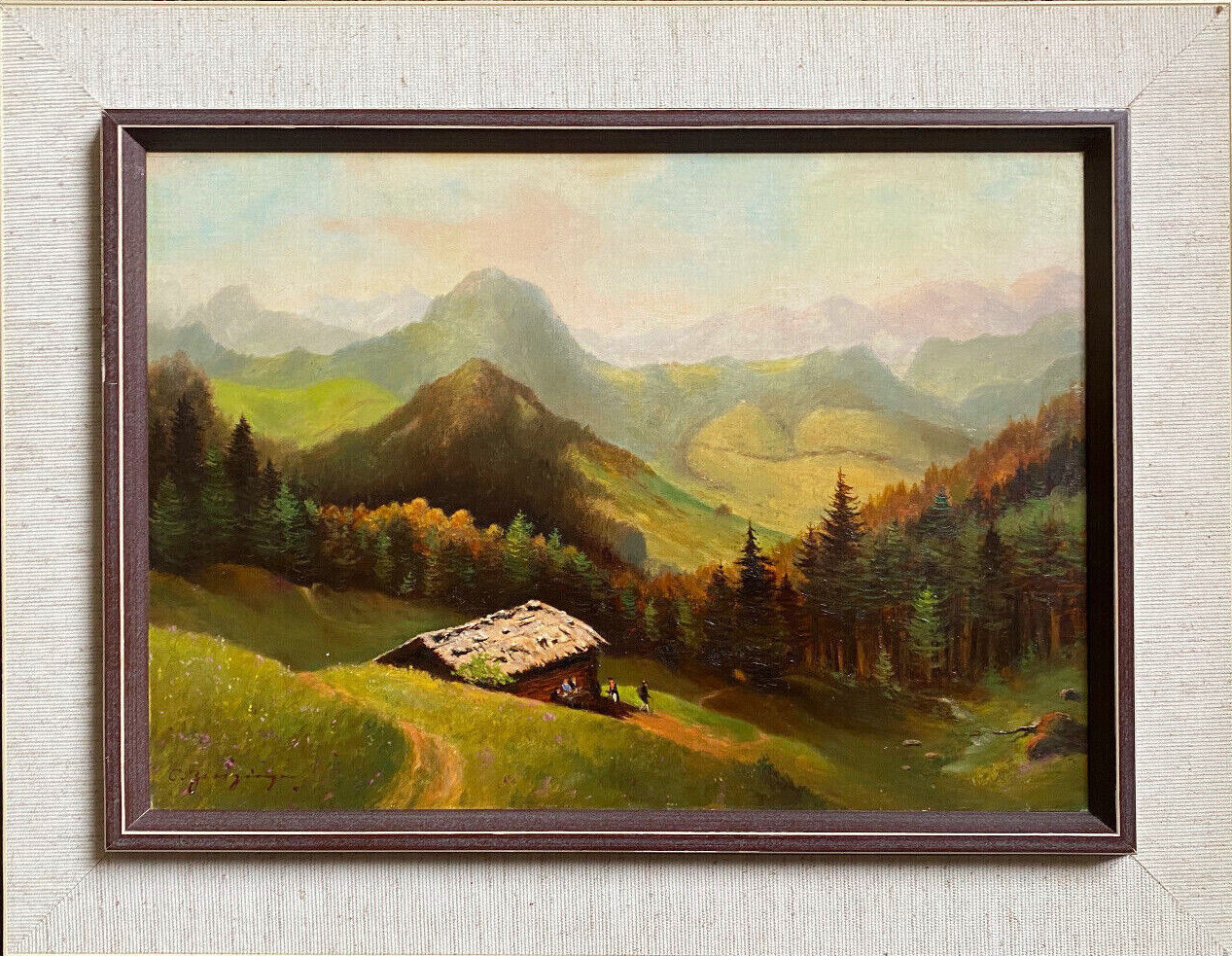 ::OIL PAINTINGS UNINTERPRETED. SIGN. MOUNTAIN AND FOREST LANDSCAPE WITH HUT AND HIKER