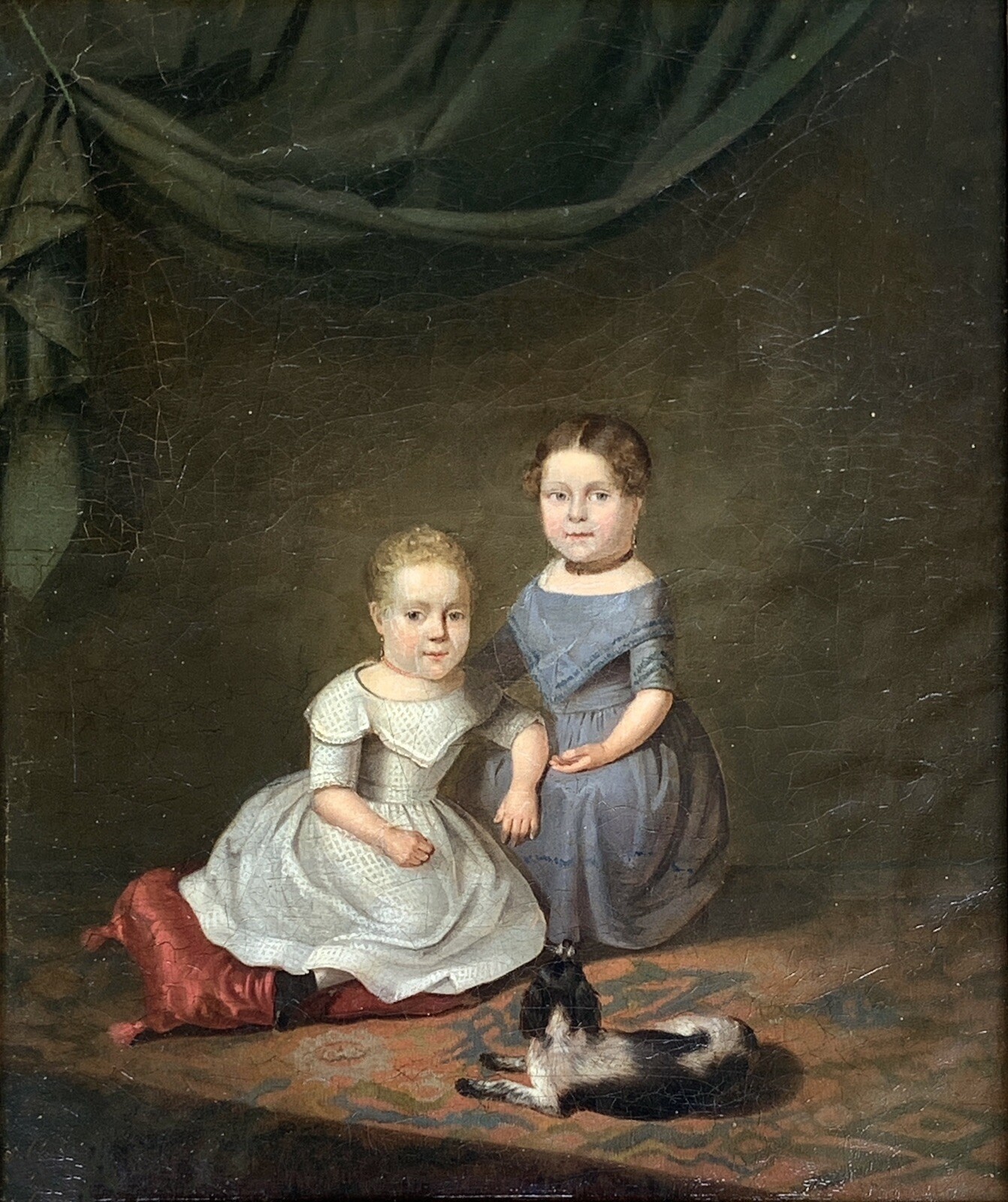 19th Dutch School Portrait of Two Young Girls with Dog Leiden Netherlands