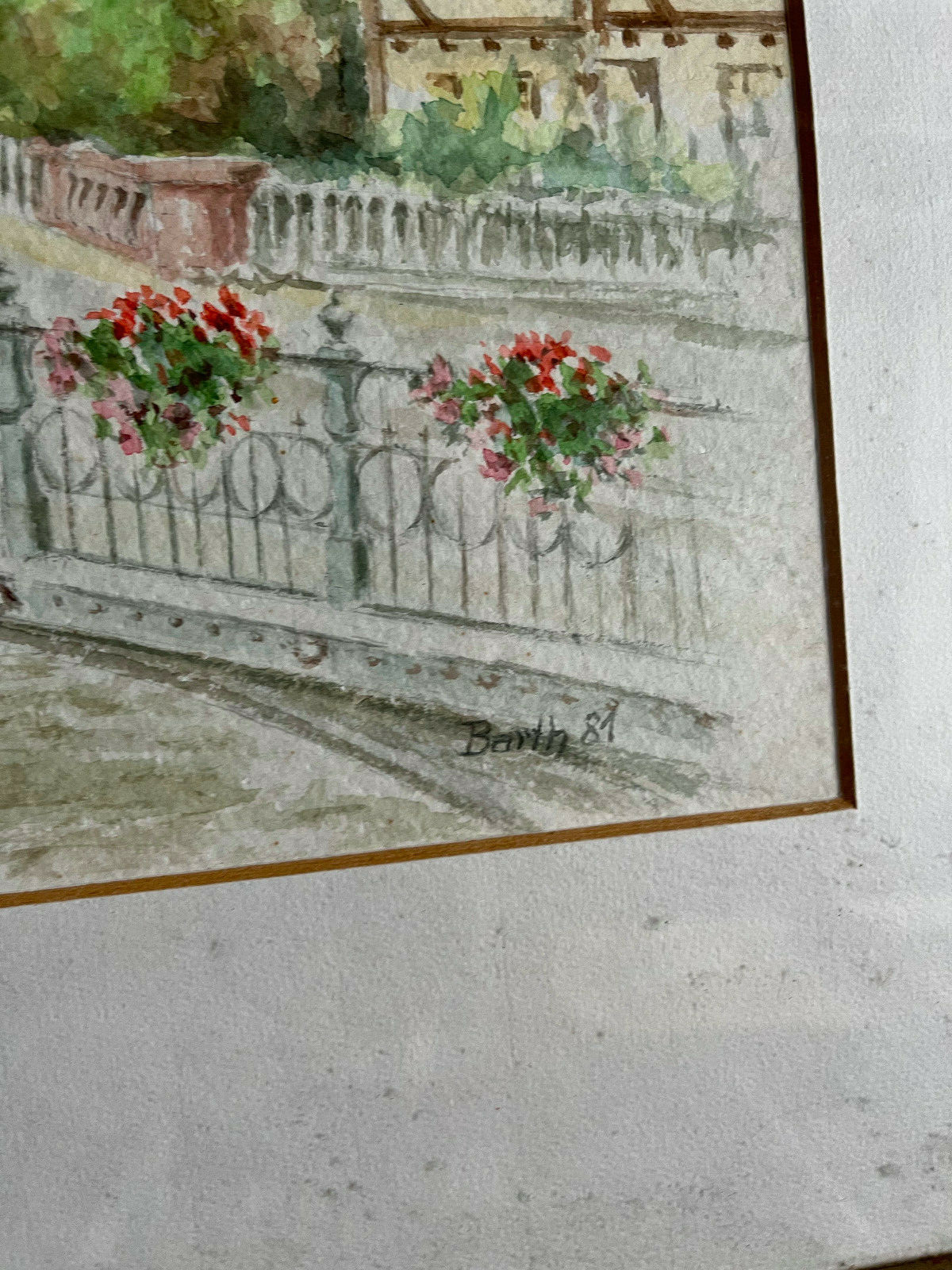 Watercolor Sign.Barth Date 1981 Esslingen Bridge with Church and Flower Details