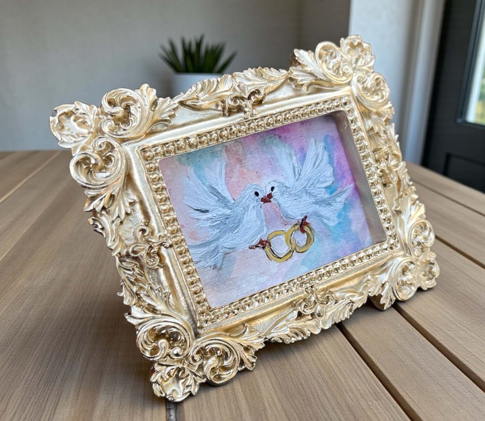 Two Doves 🕊️ holding Rings 💍 mini watercolor print in gold ornate frame