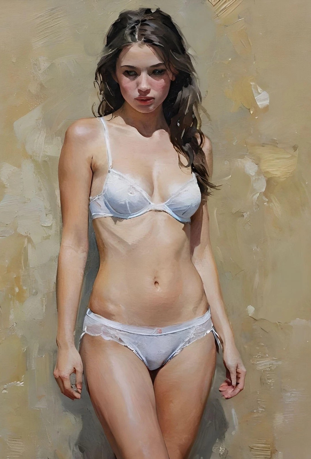 ACEO Card Print Young brunette woman in bra and panties Posing for a painting