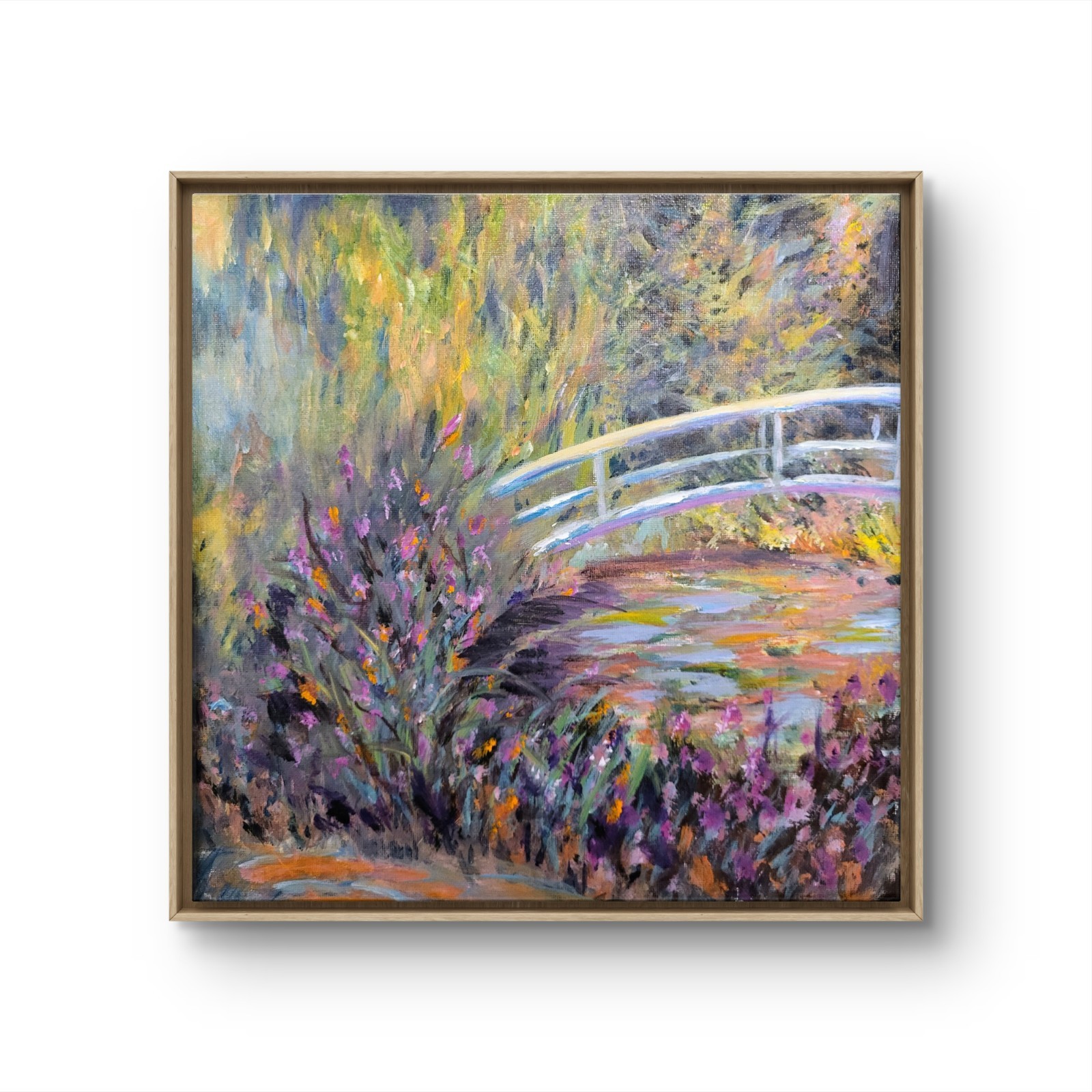 Original Acrylic Pastel Colored Waterscape Bridge Floral Canvas 10 X 10 In