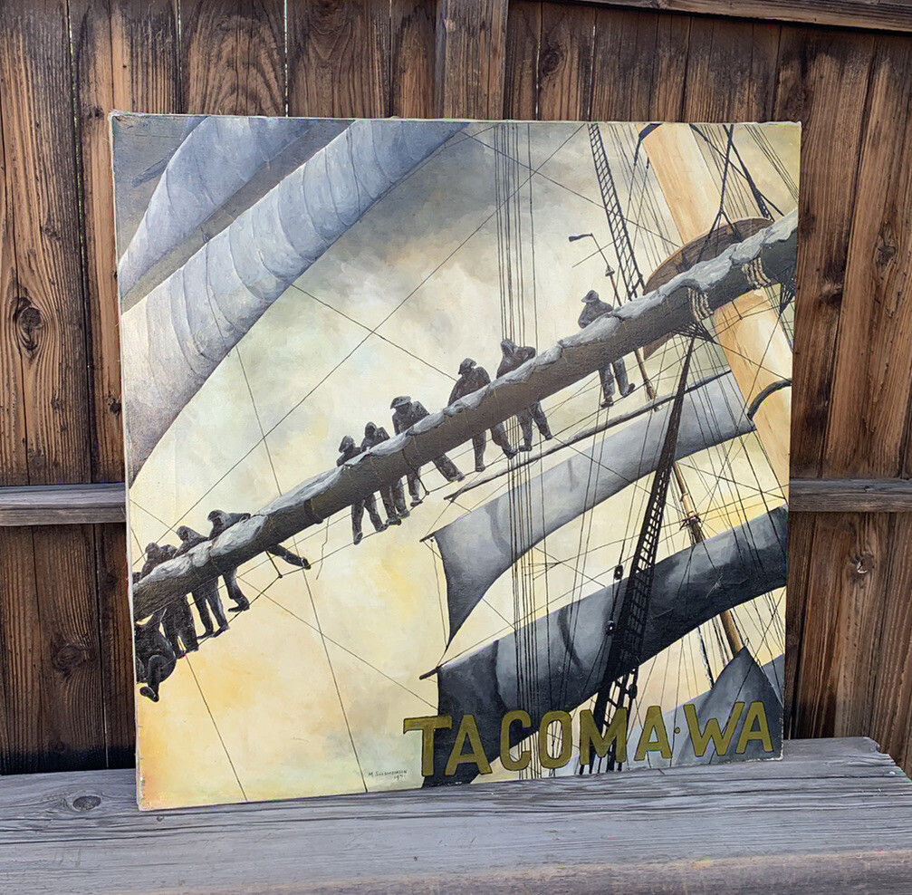 Vtg Maritime Painting Nautical Ship Sailing Tacoma Washington 1971 M. Salomonson