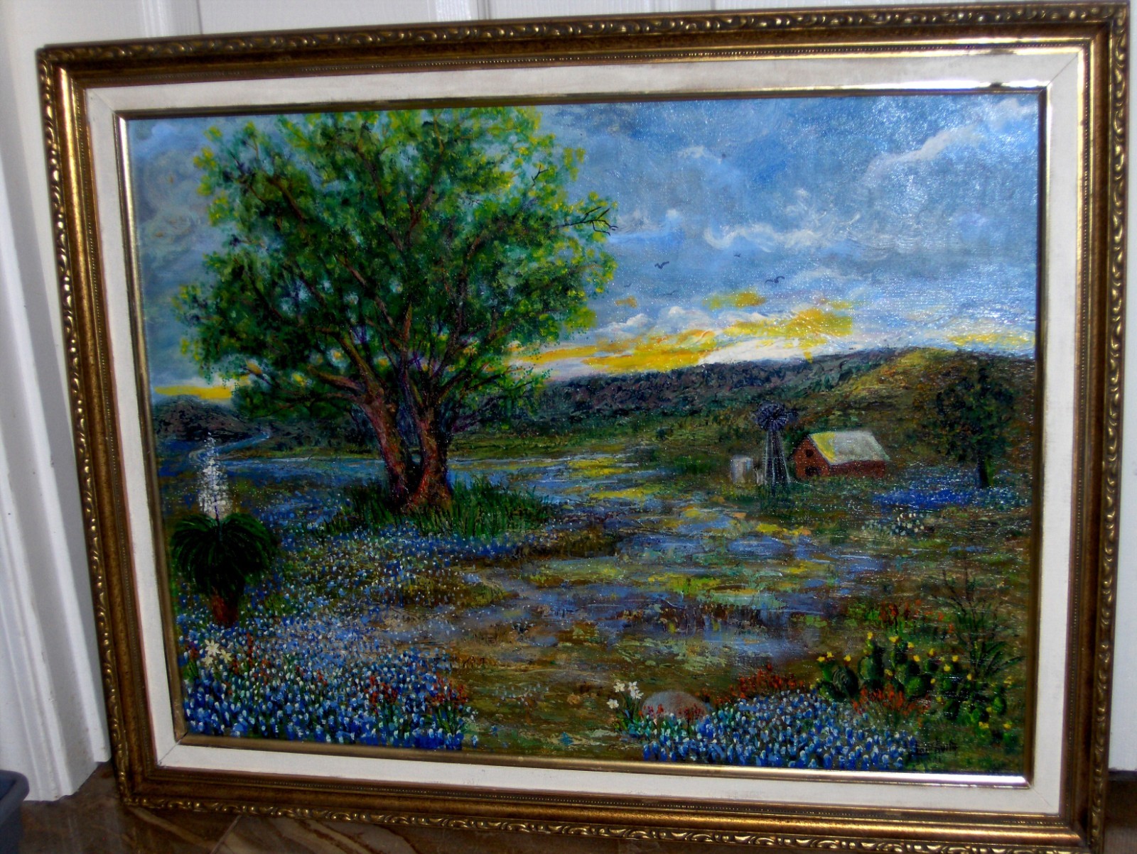 LARGE ORIGINAL Lotti Avila Bluebonnet Landscape Barn Yucca Tree Oil Cn Painting