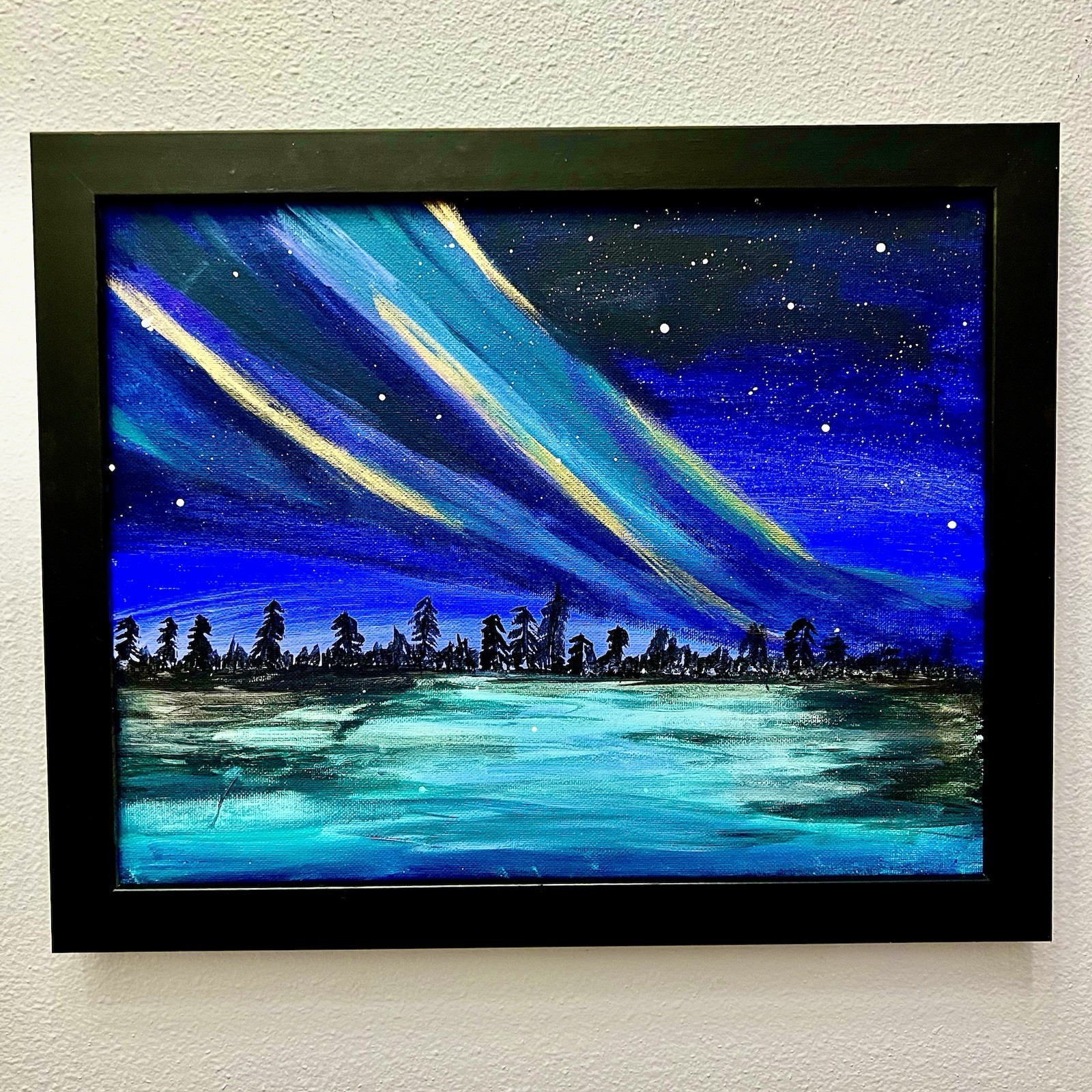 Original Northern Lights Acrylic Painting Framed Aurora Borealis Landscape