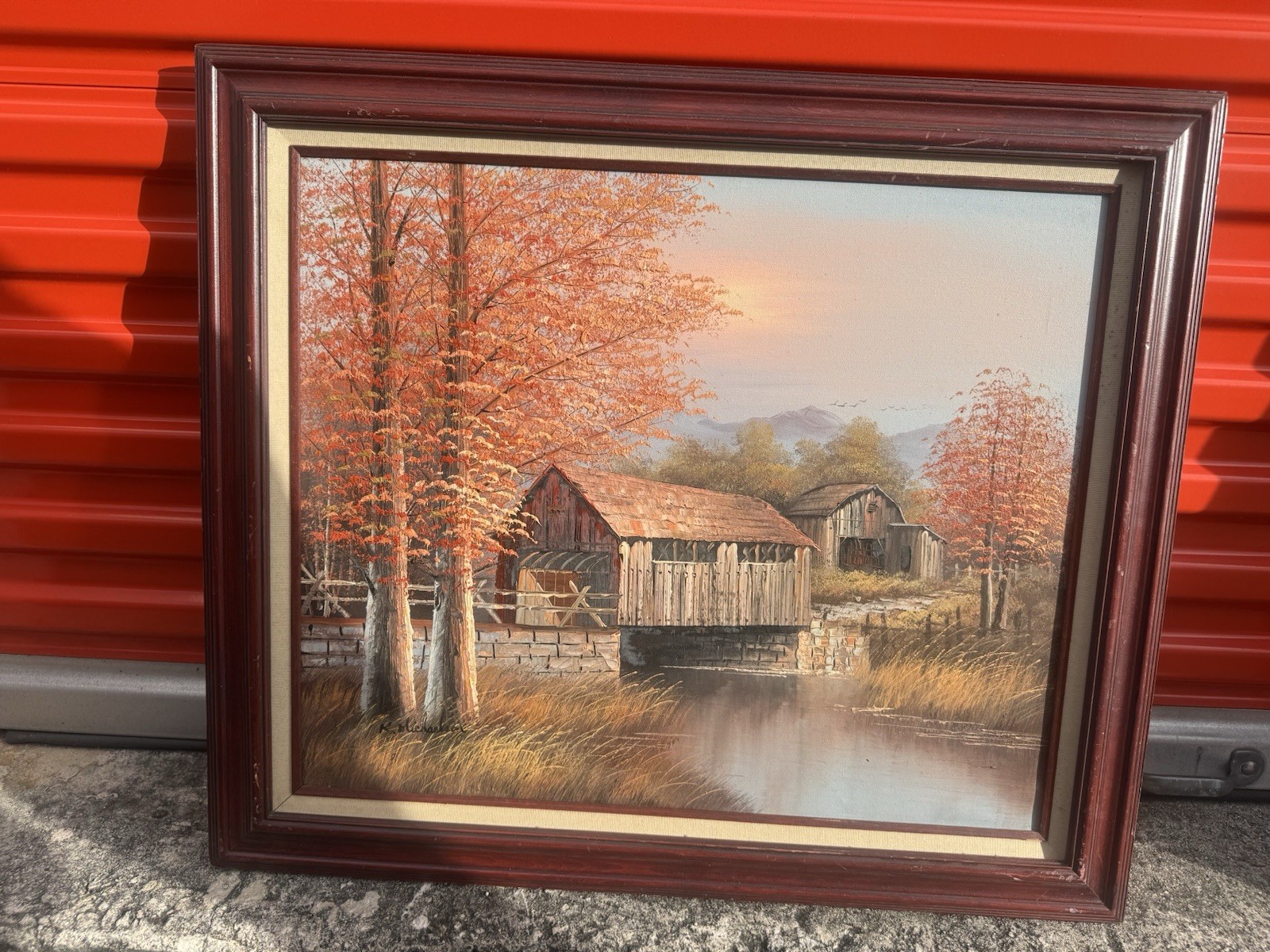 K Michaelson Fall Autumn Covered Bridge Landscape Oil Canvas Painting 25×29+» Fr