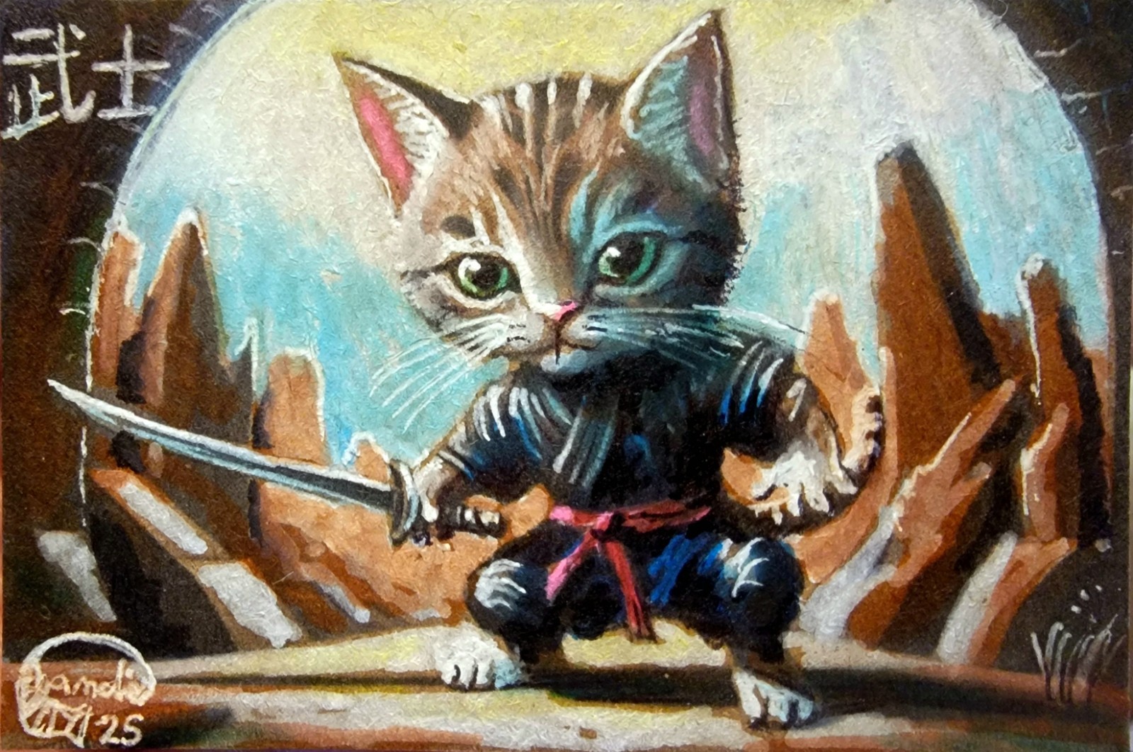 Jacob Landis HANDMADE ORIGINAL Whimsy ACEO Cute Kitten And Fan «A Cool Rest»