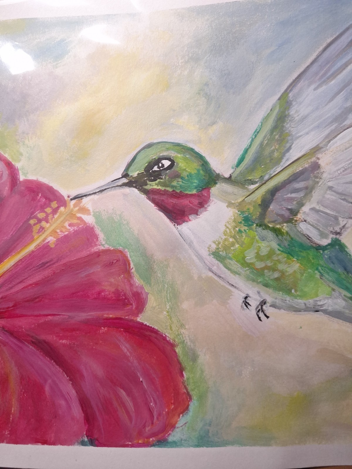 Original Golden 9×12 Impressionist Hummingbird Acrylic Paper Signed Home Decor