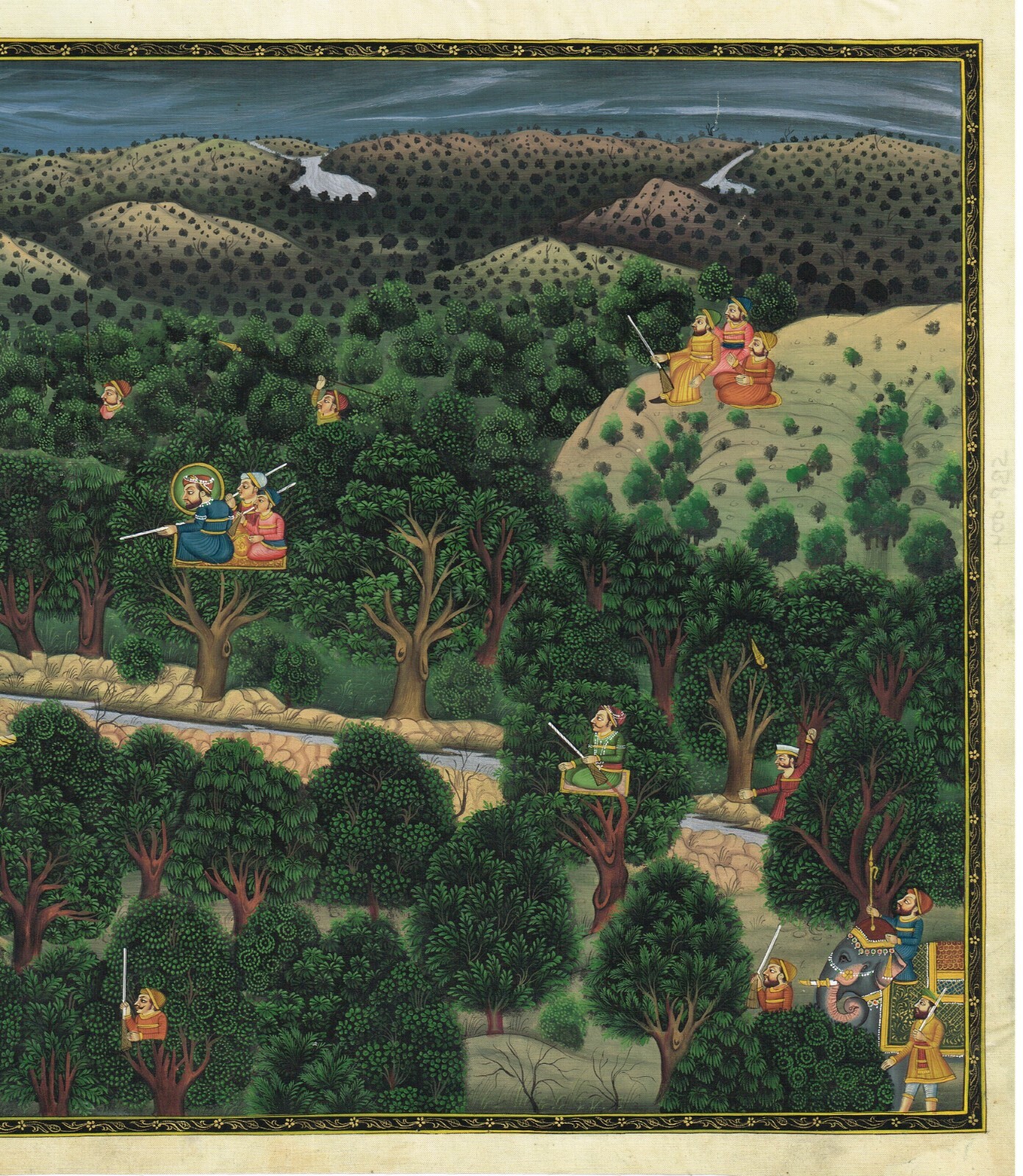 Hand Miniature Painting Of Indian Hunting Scene On Silk Cloth 17.5×13.5 Inches