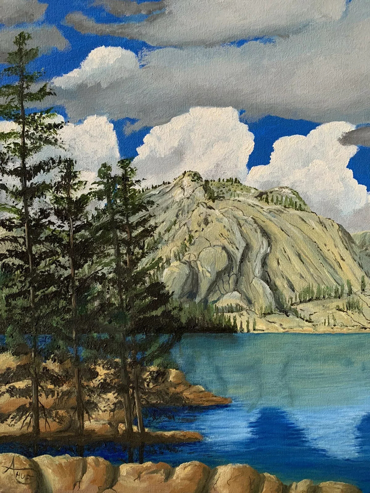 Painting Landscape Mountain Lake Clouds Original By A. Huff Oil Or Acrylic