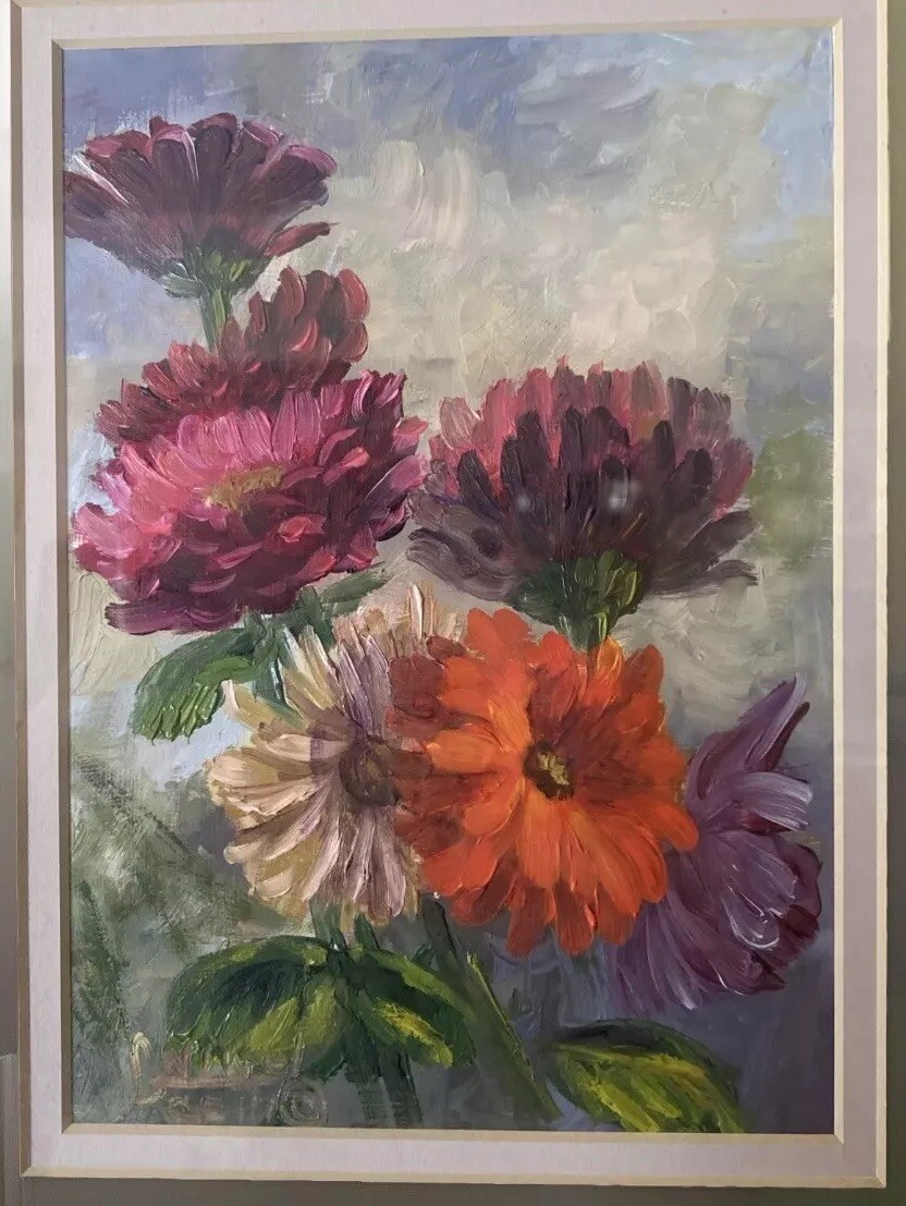Painting Oil Signed By GW Greta Wiwel #960 Zinnias Seven 8×10 On Gessoedpaper