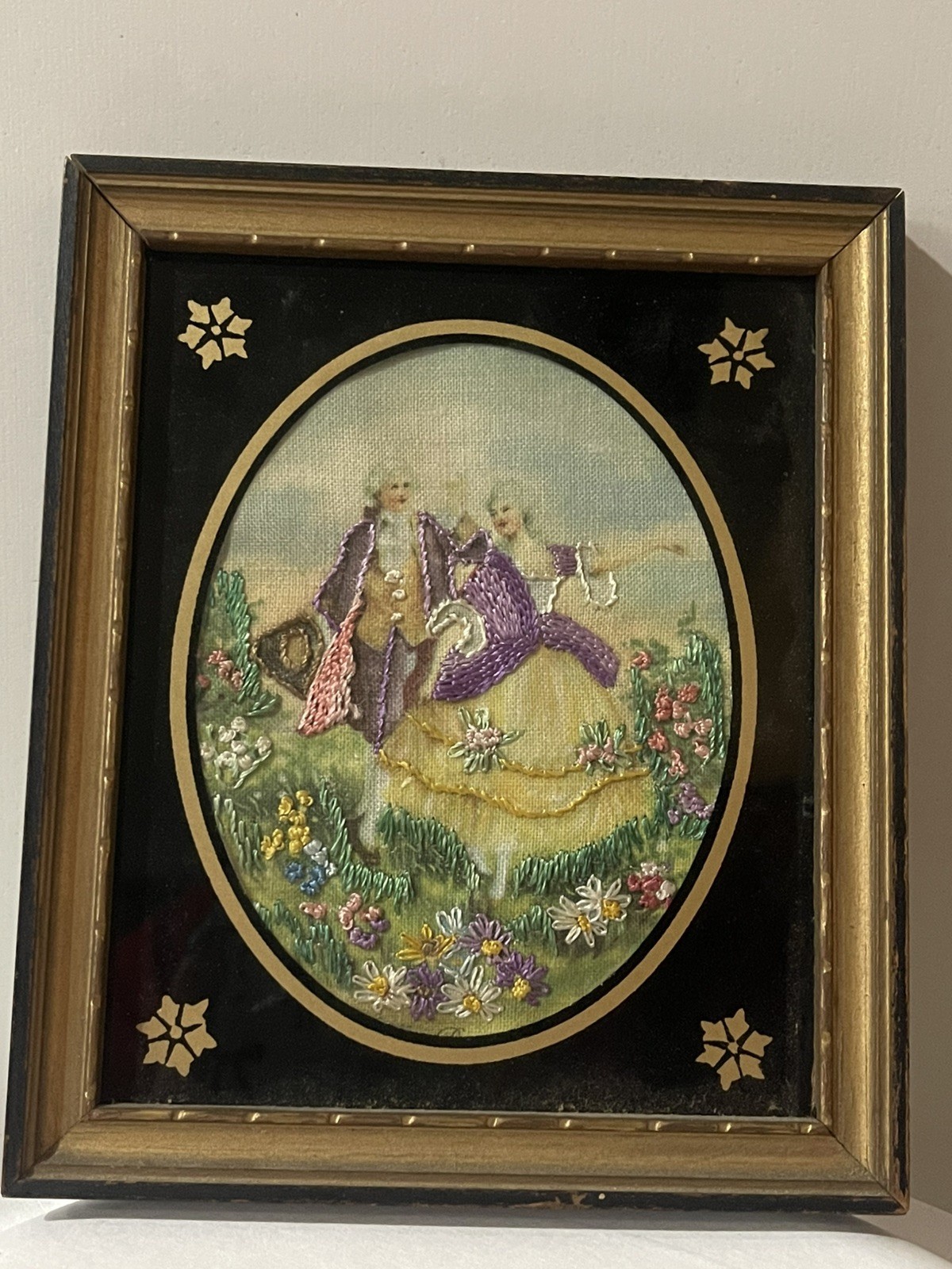 Antique Silk Needlepoint Painting Courting Couple «The Dance» 5×6