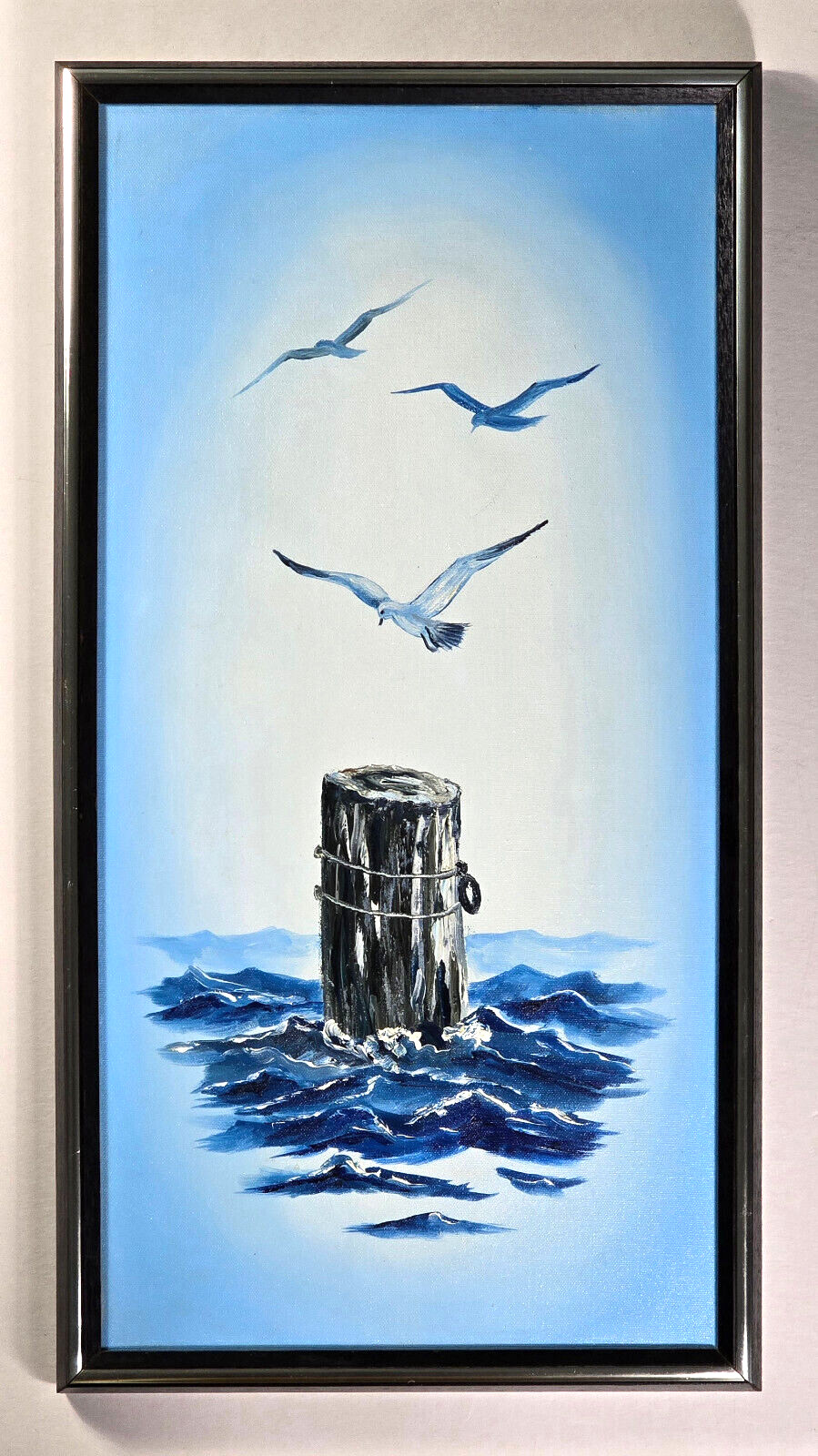 Diptych Set of 2 Oil Paintings on Canvas, Sea Gulls, Ocean, Beach, Blue VTG 1970