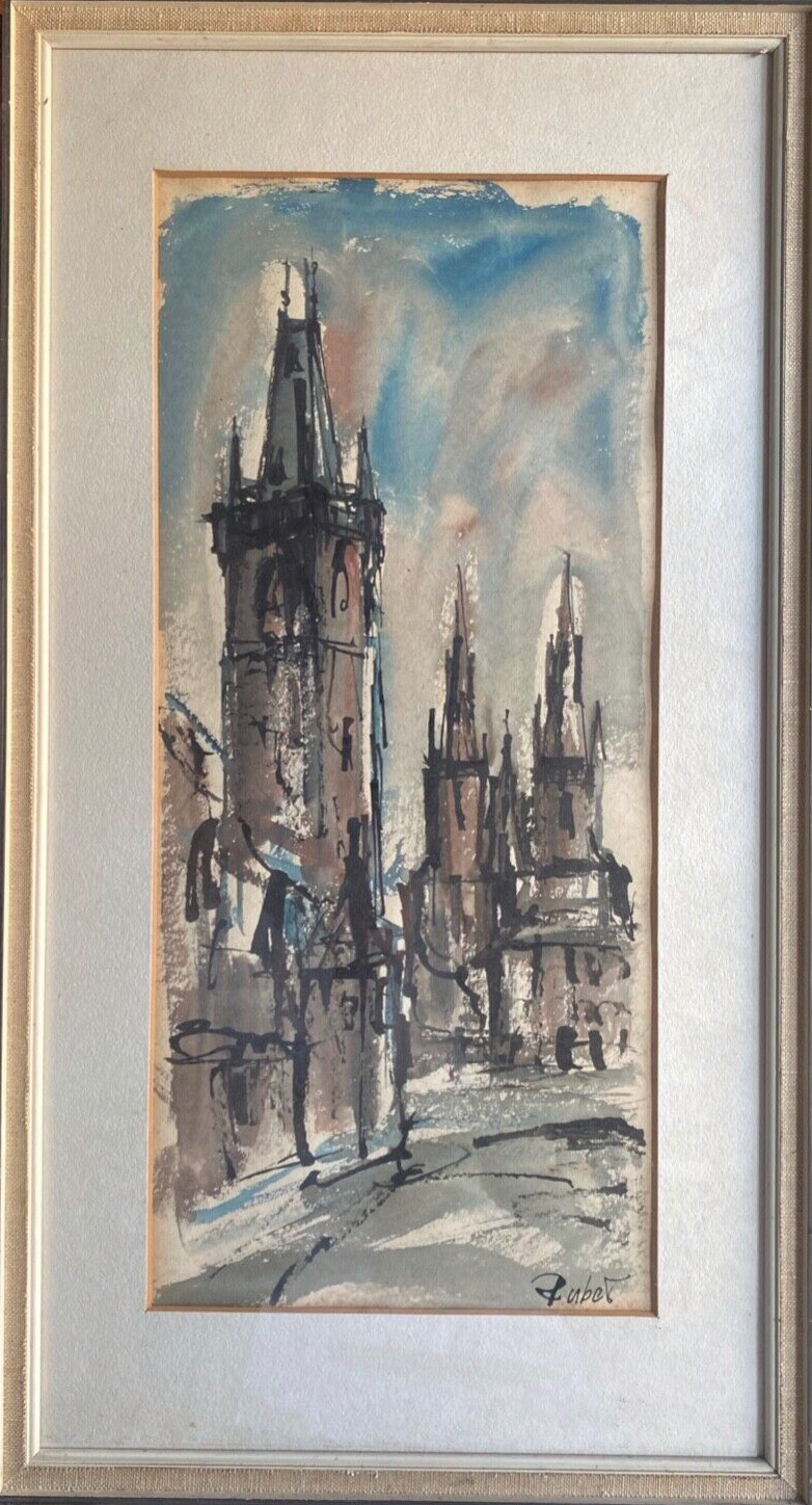 Watercolor Sign. Rubber View of Prague with Church Tower and Side Street