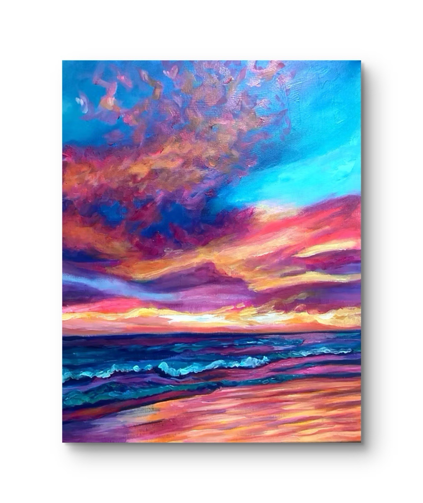 Original Acrylic Vibrant Dramatic Sunset Ocean Waves 20×16 Canvas