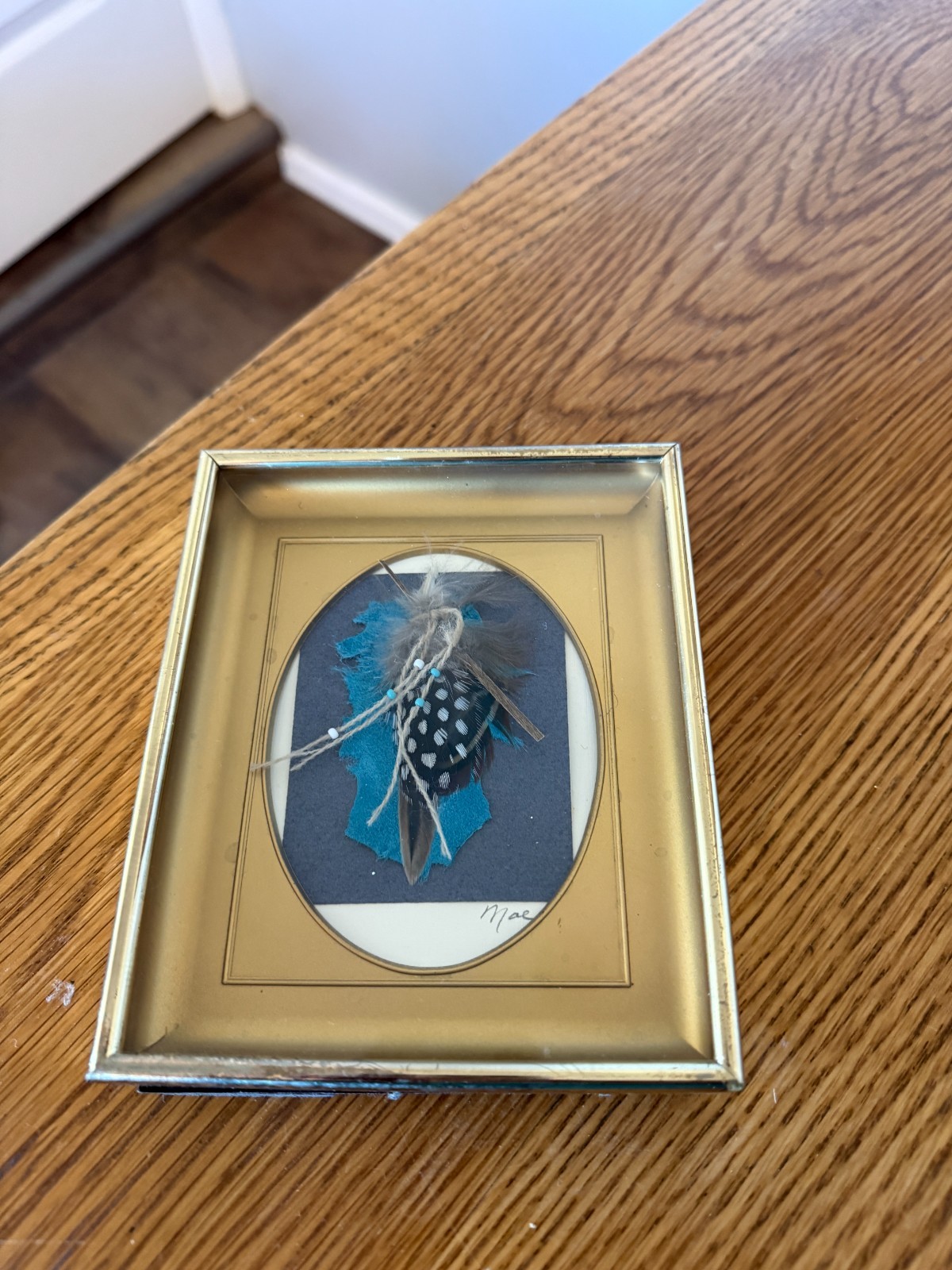 Vintage Hand Painted Feather Framed and Signed Mac 5″ x 6″ Frame