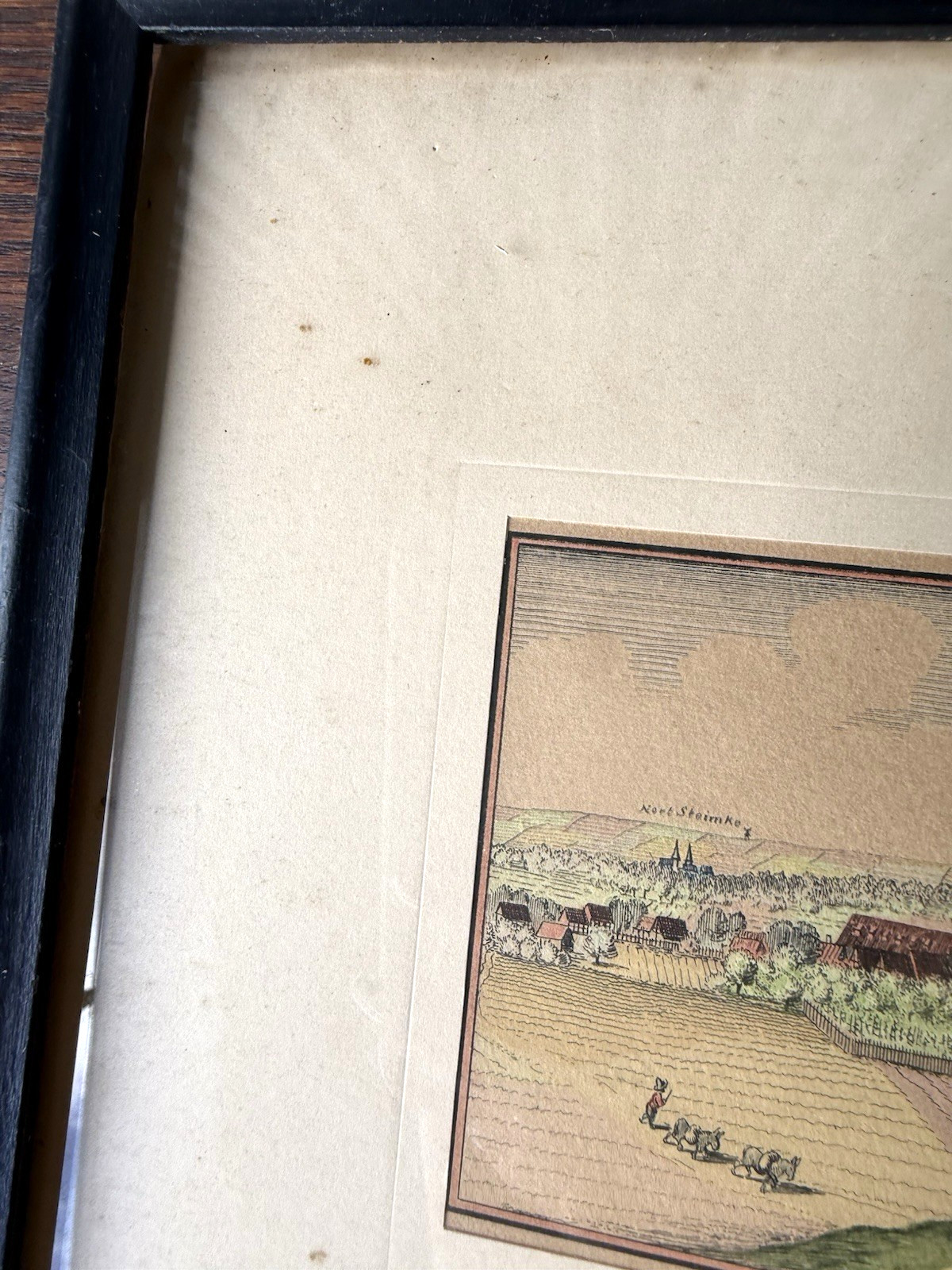 Antique Hand Colored Engraving Wolfsburg Germany Windmill Cityscape 1700s Framed