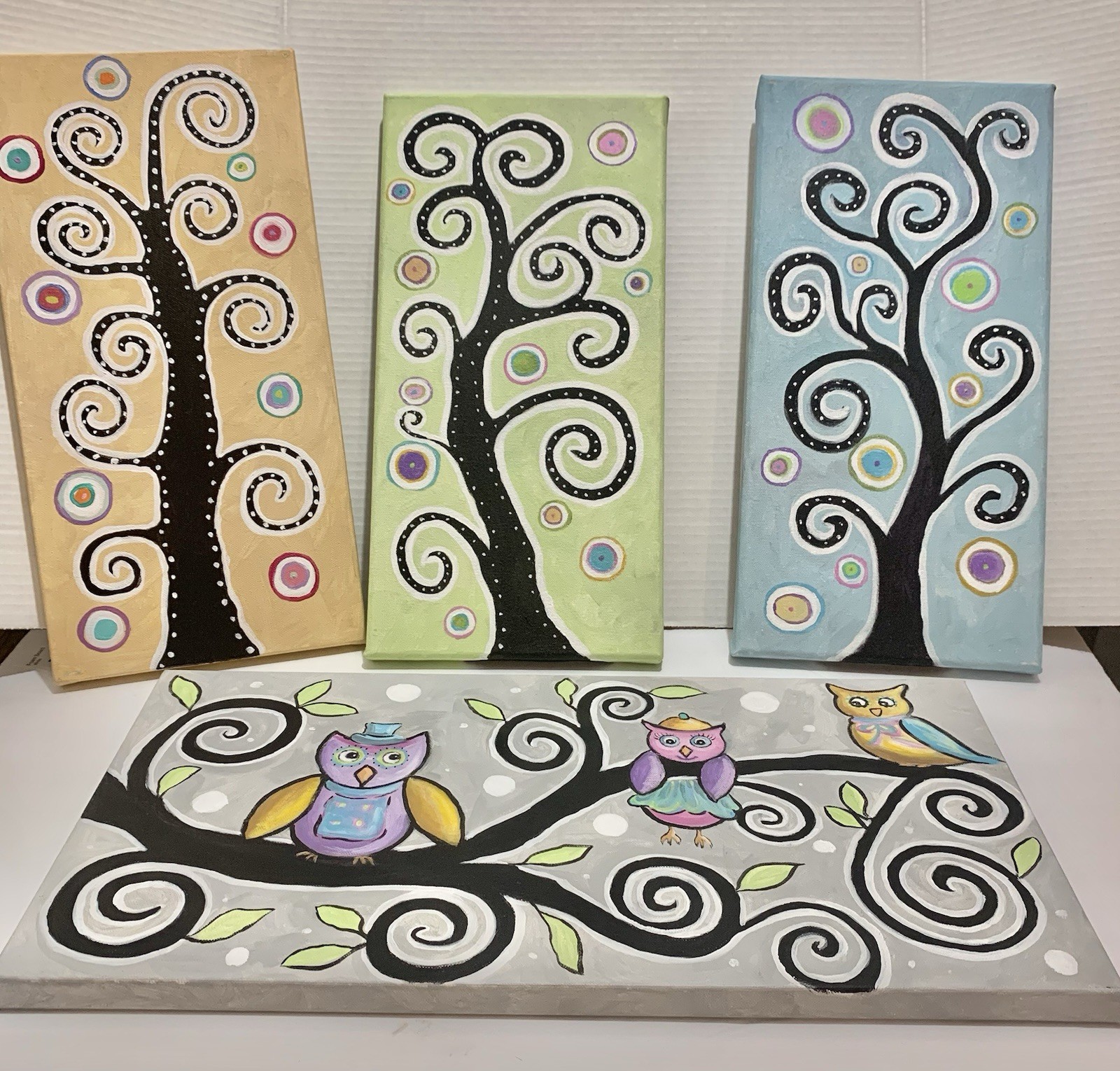 4 Original acrylic on canvas. Local artisan artwork. Owl artwork. Dreamy Unique