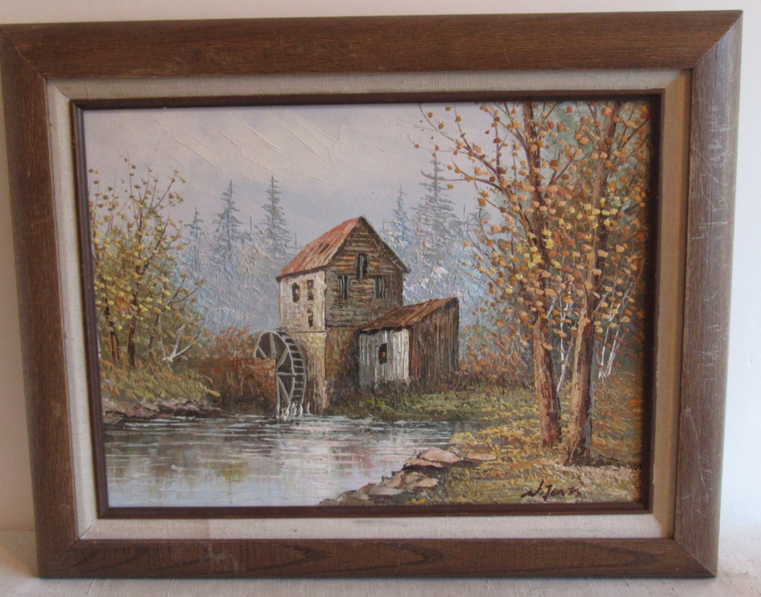 Original Rural Landscape Painting Grist Mill River Woods Trees Signed 20″ x 16″