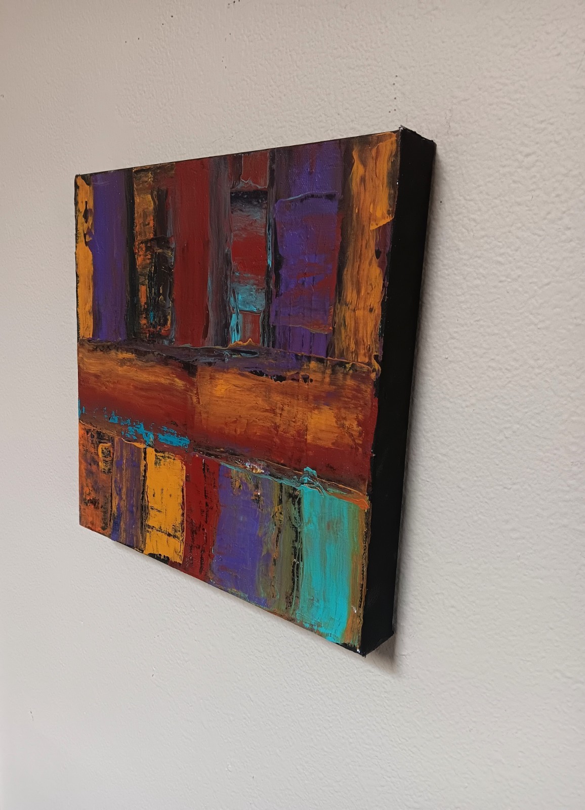 Small abstract acrylic original black turquoise blue purple red ochre «Abiquiu»