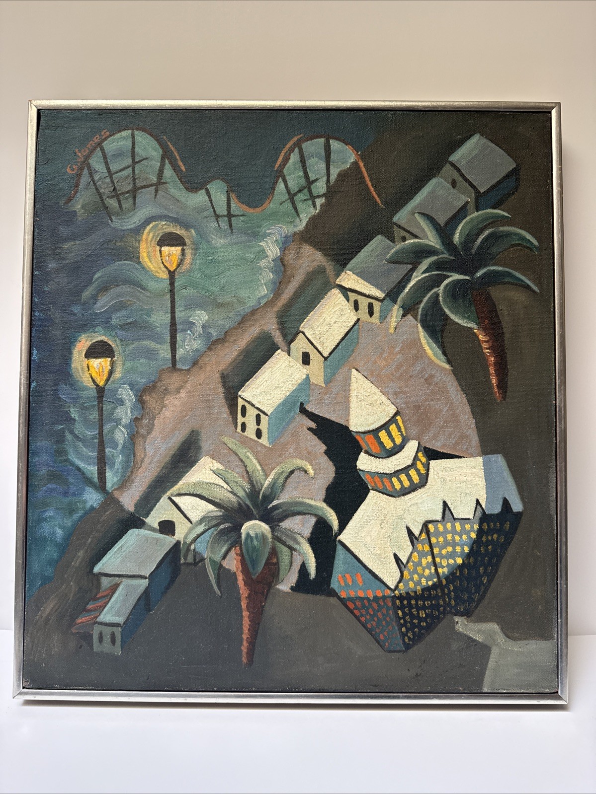 MID CENTURY PAINTING NIGHT BEACH COAST CUBIST MODERNIST JONES WPA ABSTRACT OIL